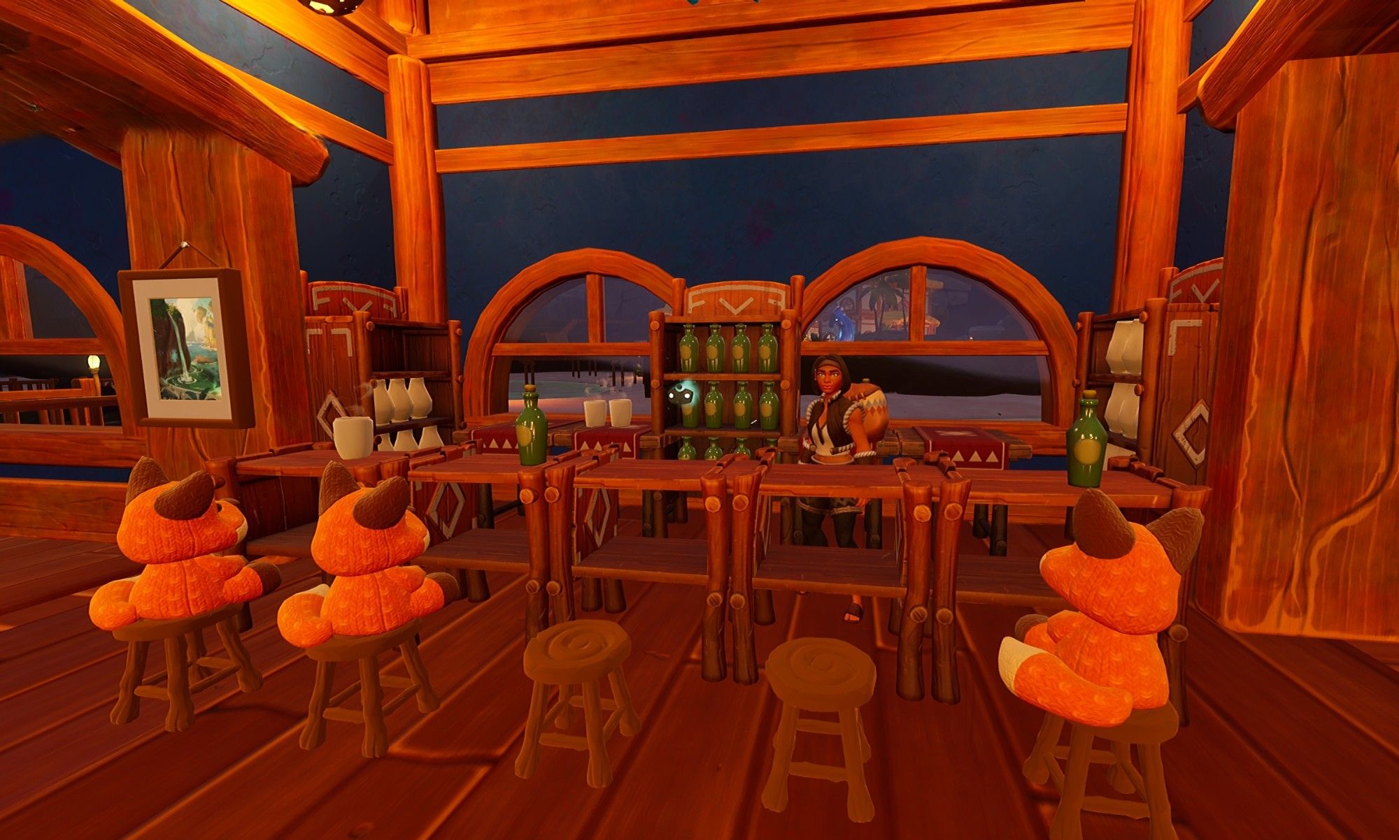 A bar made in the Voyagers of Nera alpha playtest. Facing the wooden bar with a blue wall behind it and two windows. Behind the bar is a character with shoulder length brown hair wearing a brown vest over a white short sleeve top. Also wearing black pants, brown boots, and a backpack. In front of the bar are 5 wooden stools. 3 plush orange foxes with brown ears sit upon them. There are multiple bottles on the shelves behind the bar and a couple sit in front of the foxes on the bartop.