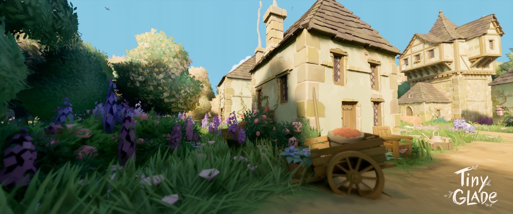 Close up of wagon filled with a bushel of produce, in front of a building that has wildflowers growing next to it.