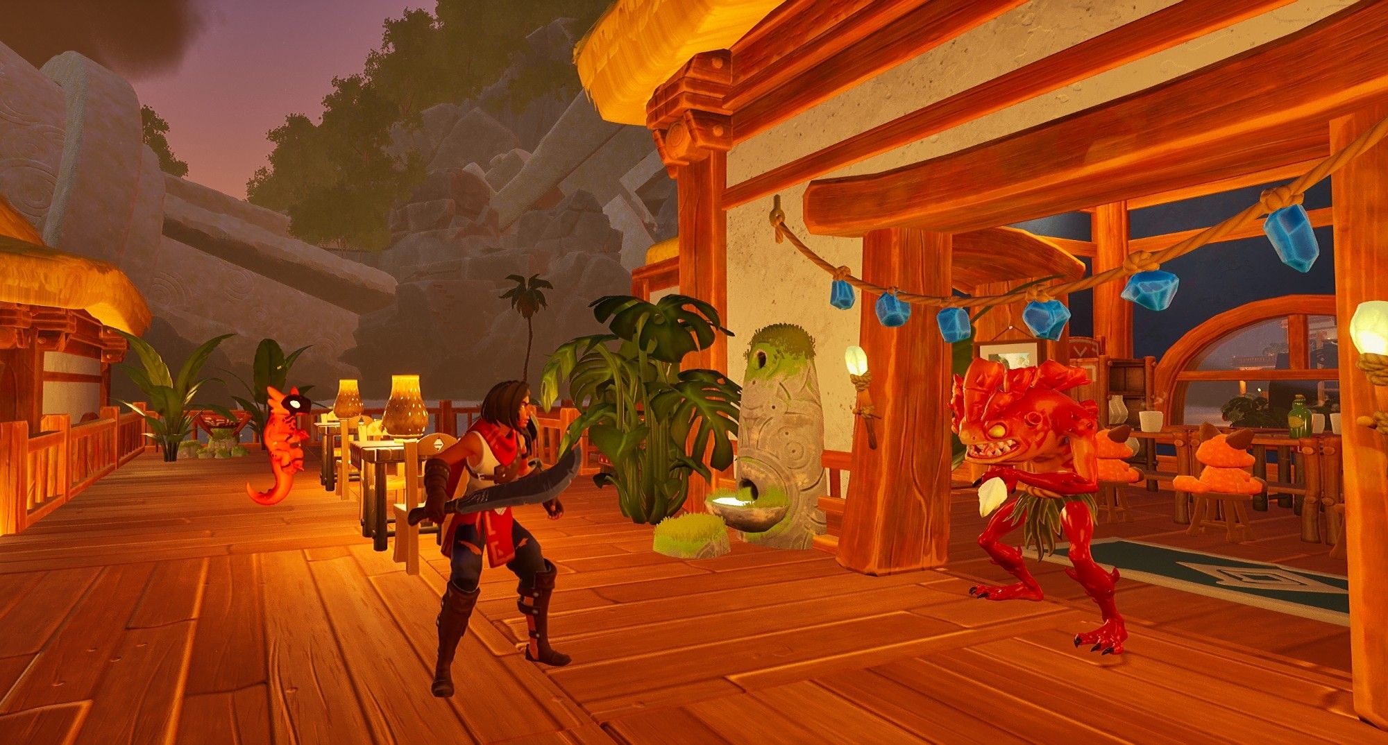 Screenshot from Voyagers of Nera alpha playtest. Character is holding a sword and brandishing at a fish like creature which is holding a spear. They are standing on a wooden dock in front of a Polynesian style building. Blue string lights hang in the doorway. A fire salamander creature floats behind the character.