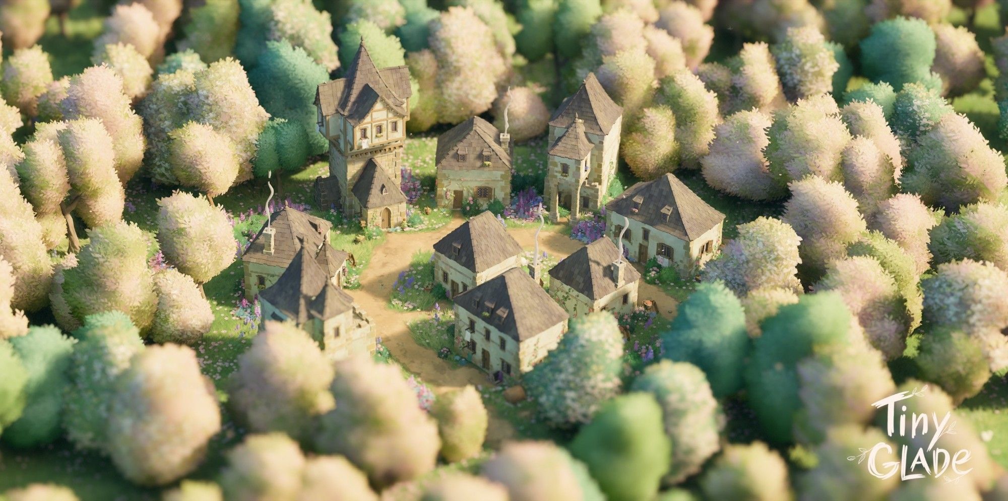 Bird's eye view of a hamlet, surrounded by wildflowers and set amongst a forest of green trees.