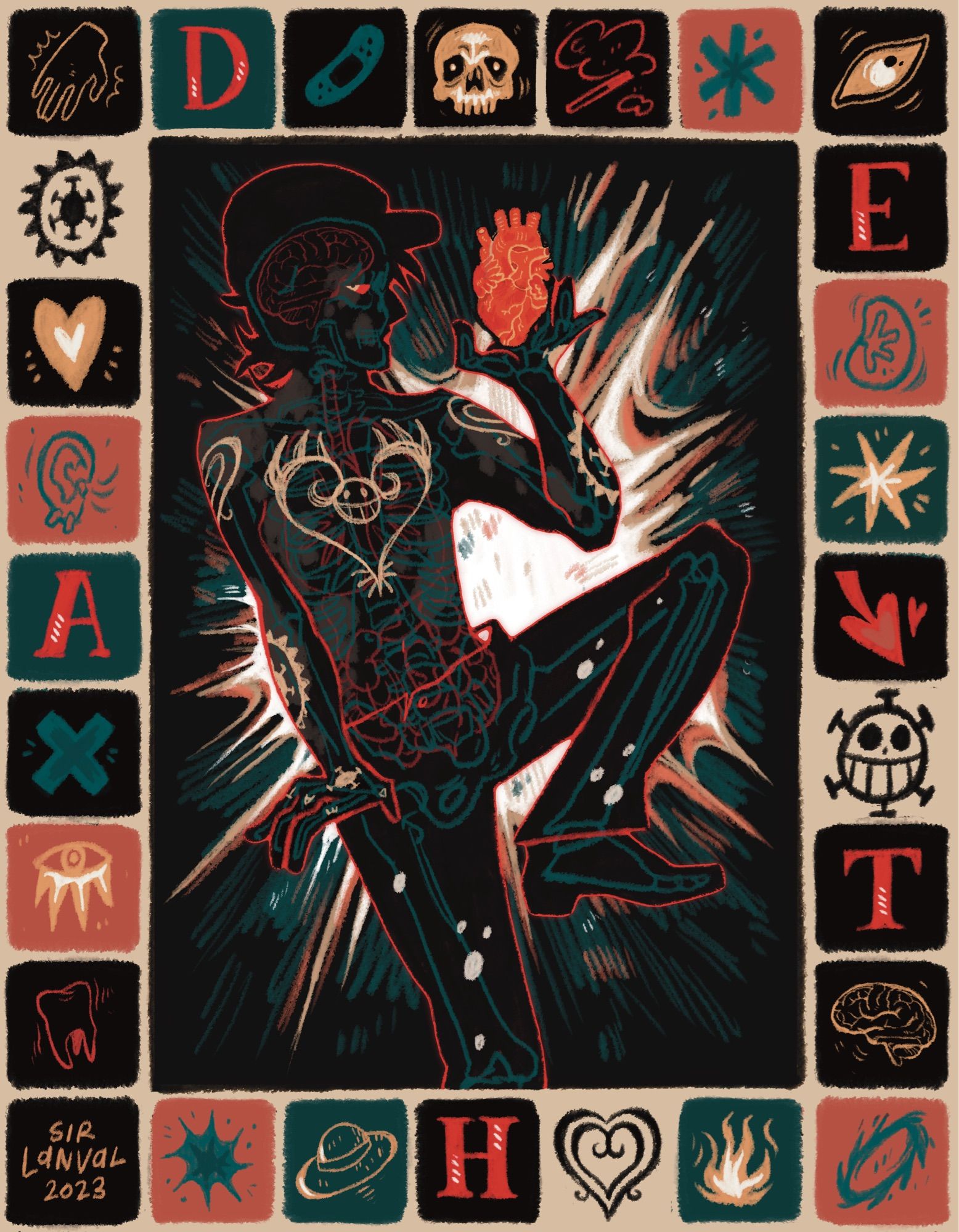 an illustration of trafalgar law from one piece. the illustration is of his silhouette on a black rectangle, with a white starburst behind him. the silhouette contains layers of x-ray type drawings, with bones in teal, organs in red, and tattoos in yellow. his left hand is raised, and he holds a red human heart. there is a border of red, teal and black surrounding the illustration, which depict lots of small elements relating to law and his life, including the letters D E A T H. this is all above a pale yellow background.