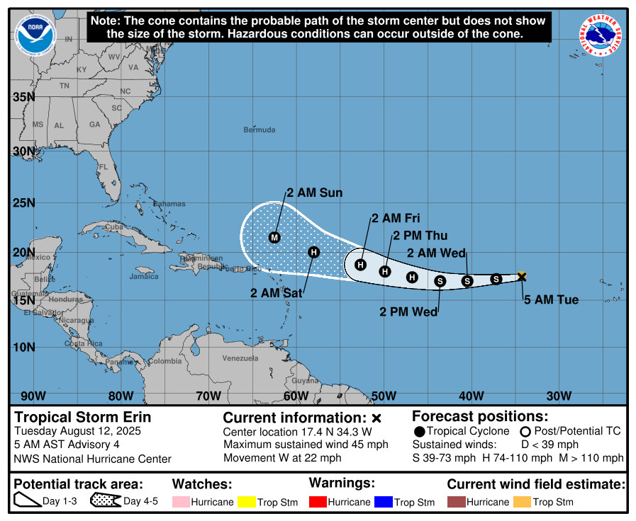 Forecast cone for Tropical Storm Erin, issued August 12, 2025, showing a west-northwest track with expected strengthening to a hurricane later this week, potentially reaching major hurricane status by the weekend.