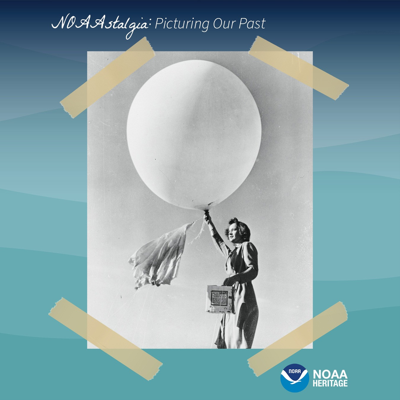 Historic black-and-white photo of a woman launching a weather balloon, featured in NOAA's "NOAAstalgia: Picturing Our Past" series.