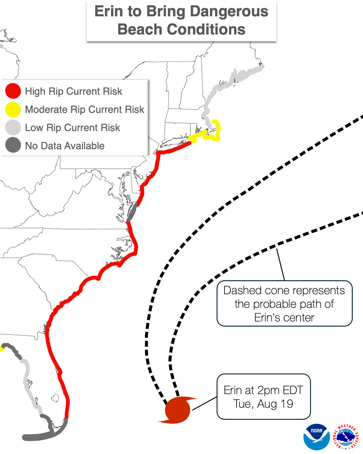 Map showing Hurricane Erin’s projected path on August 19, 2025, with high rip current risk highlighted along most of the U.S. East Coast and moderate risk in parts of New England and Florida.