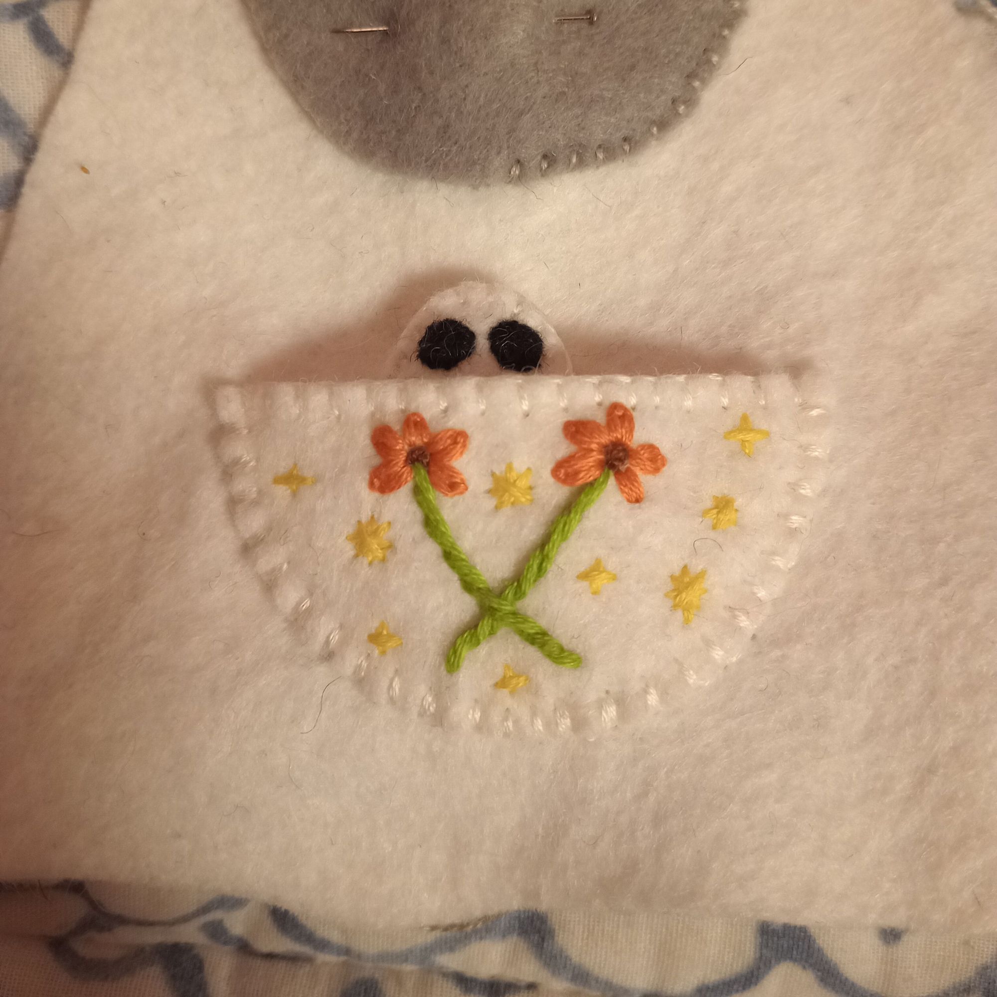 Here's a pic of the ghost peeking out of the pouch on her mother's belly. The pouch is embroidered with two orange flowers and various yellow stars.