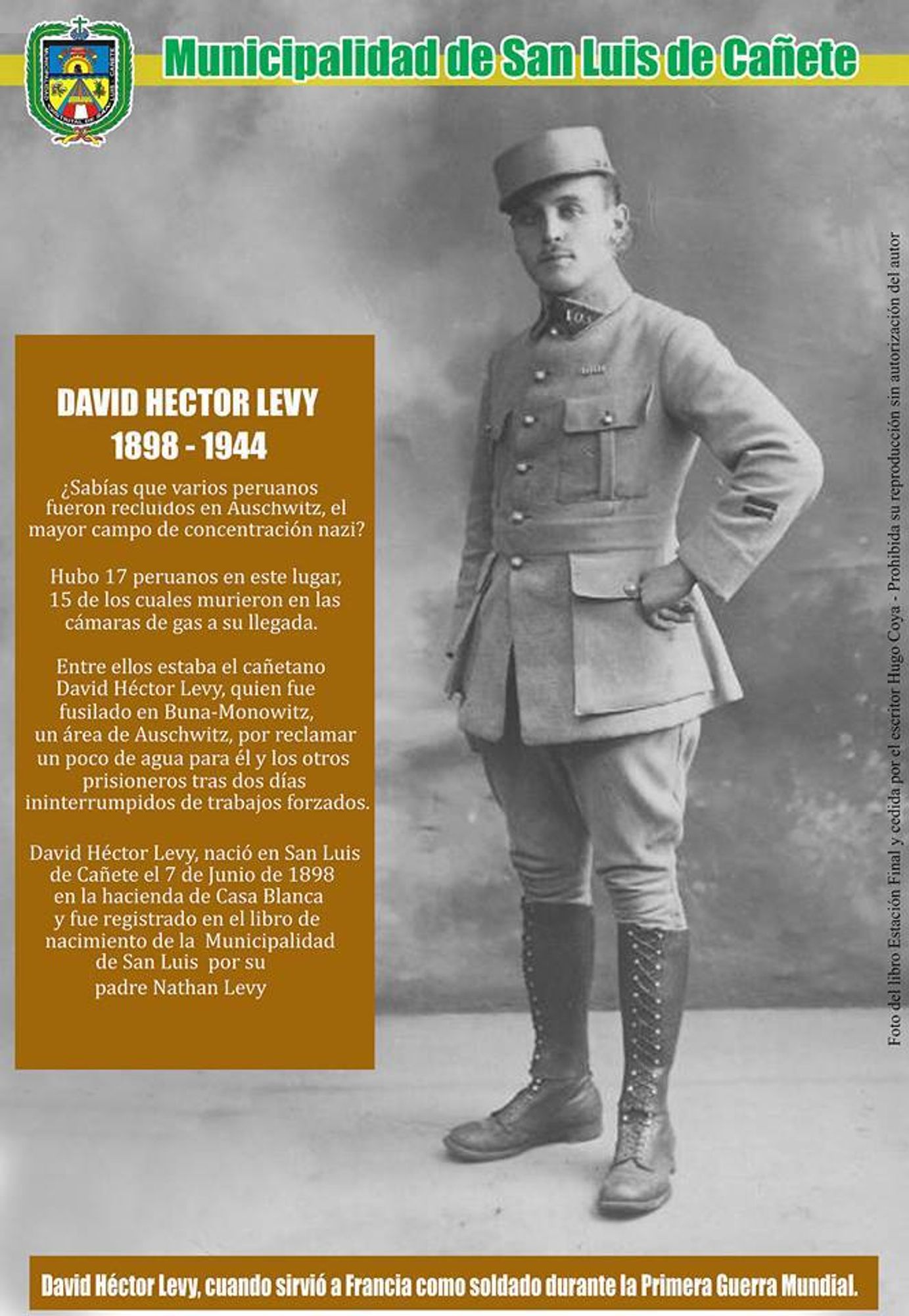 Photo showing David Hector Lévy in a military uniform. He served in the French army during World War I. The text in Spanish (he was born in the town of San Luis de Cañete, Peru) describes his fate.