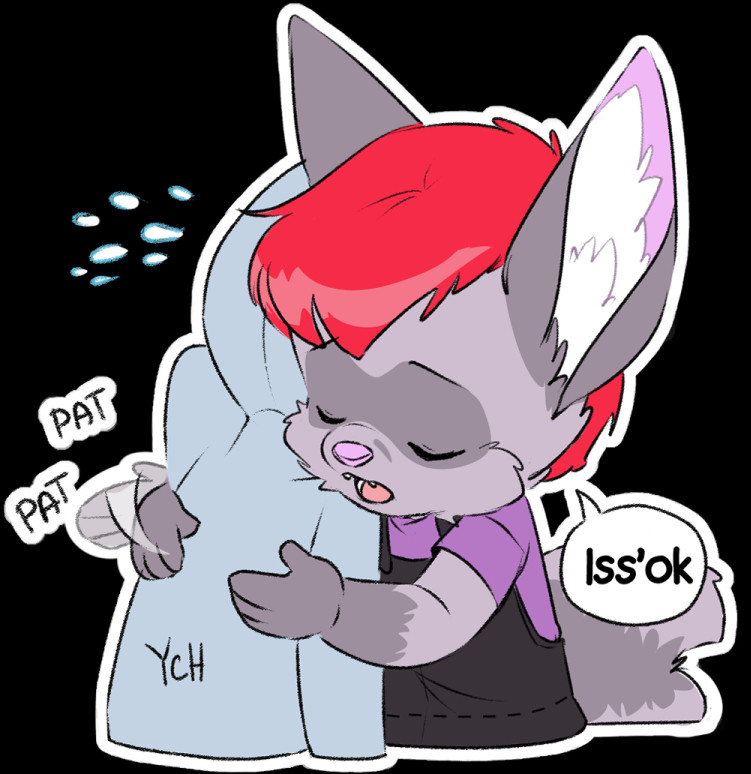 Galen in black skirtalls and a purple shirt hugging a YCH saying "Iss'ok" and patting them on the back.