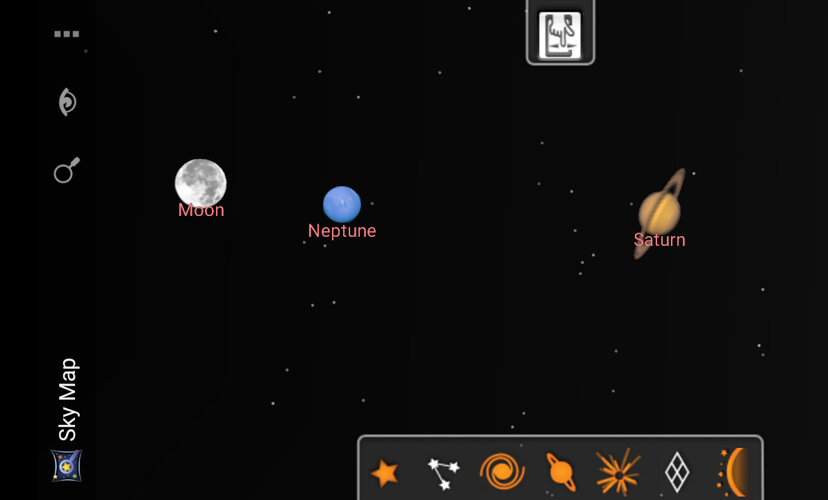 Screenshot showing three planets in nearly perfect alignment.  From left to right:  Moon, Neptune, and Saturn.