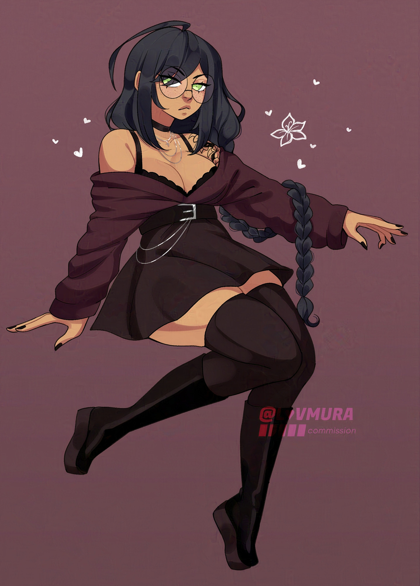 A character illustration of a woman named Bunny. She has long black hair tied into a long brain and tan skin. She has a floral tattoo on her left shoulder. She is wearing a black skirt with a long-sleeved burgundy top. She is sitting while holding out her left arm.