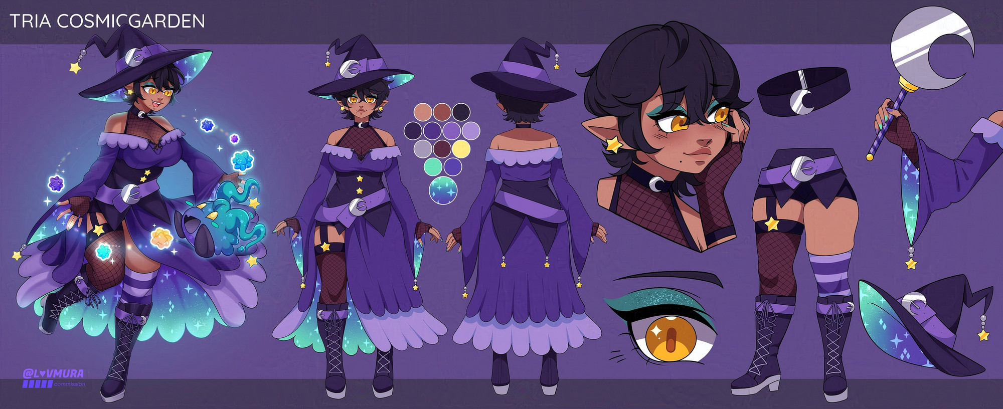 A character sheet illustration for TriaTweets on a purple background. The sheet includes front and back outfit references, as well as an expression and some object details. She has tan skin and short black hair. She is wearing a long purple dress with blue, teal and gold accents, as well as a purple witch hat. Upper left text reads "TRIA COSMICGARDEN".