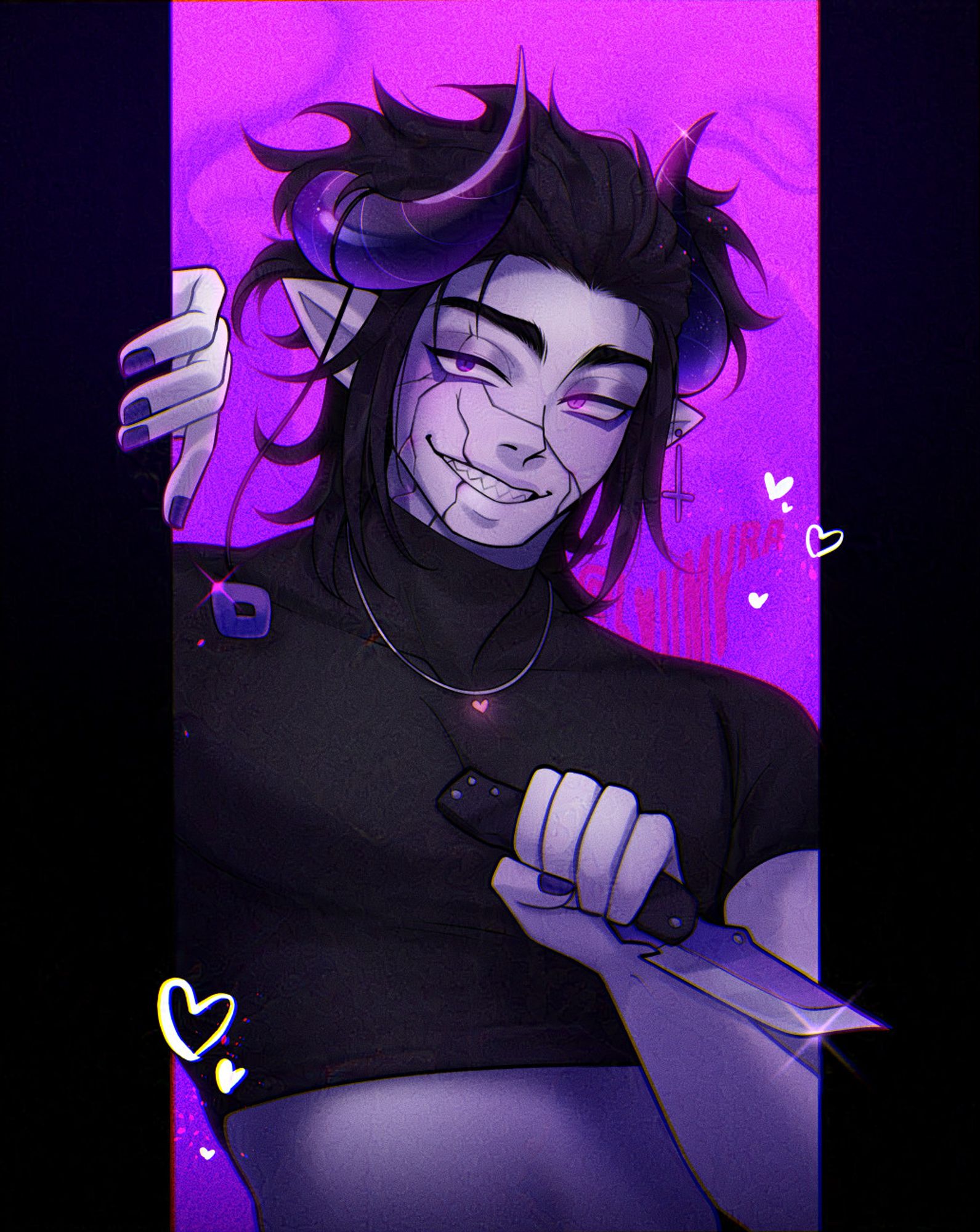 An anime-styled drawing of a demon person. He has black hair and white skin as well as purple horns. He is wearing a black outfit. He is holding a knife in his left hand and looking at the camera while smiling.