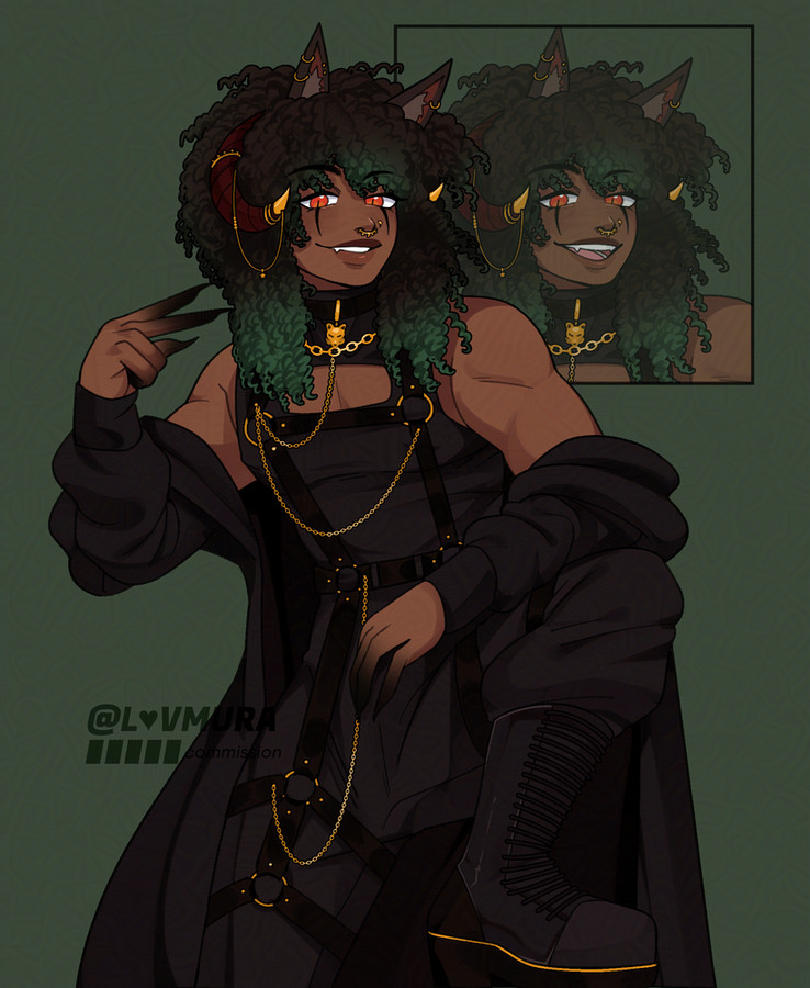 A character illustration of SilasCallisto on a dark green background. The character is posing with their left arm resting on their raised leg and holding up a peace sign with their right hand while smiling and showing teeth. They have dark skin and shoulder-length coily black hair which gradients to green at the ends. They have orange eyes, dark red ram-like horns, and black animal ears at the top of their head. They are wearing gold jewelry on their face, horns, and ears. They are wearing a black jumpsuit with black belts which have gold connectors and gold chain accessories as well as a long black jacket which falls off their shoulders. They have tall black boots with gold threading around the soles. The right illustration of the character shows a version with the character's mouth open as if talking and is slightly transparent.