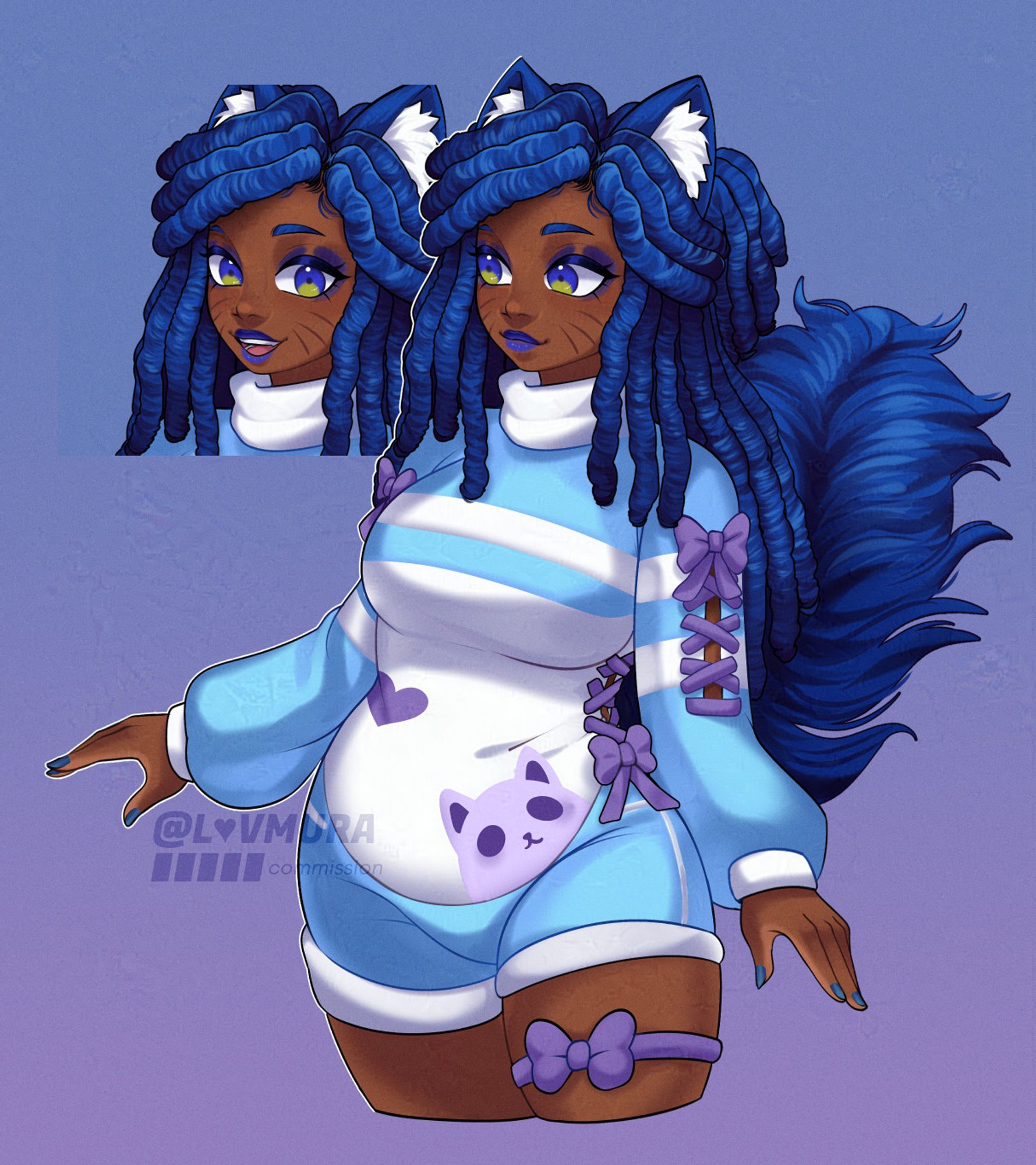 An anime-styled drawing of a cat person. She has dark skin and blue eyes, as well as blue hair styled in locs and blue cat ears. She is wearing a light blue and white outfit with purple ribbon detailing.