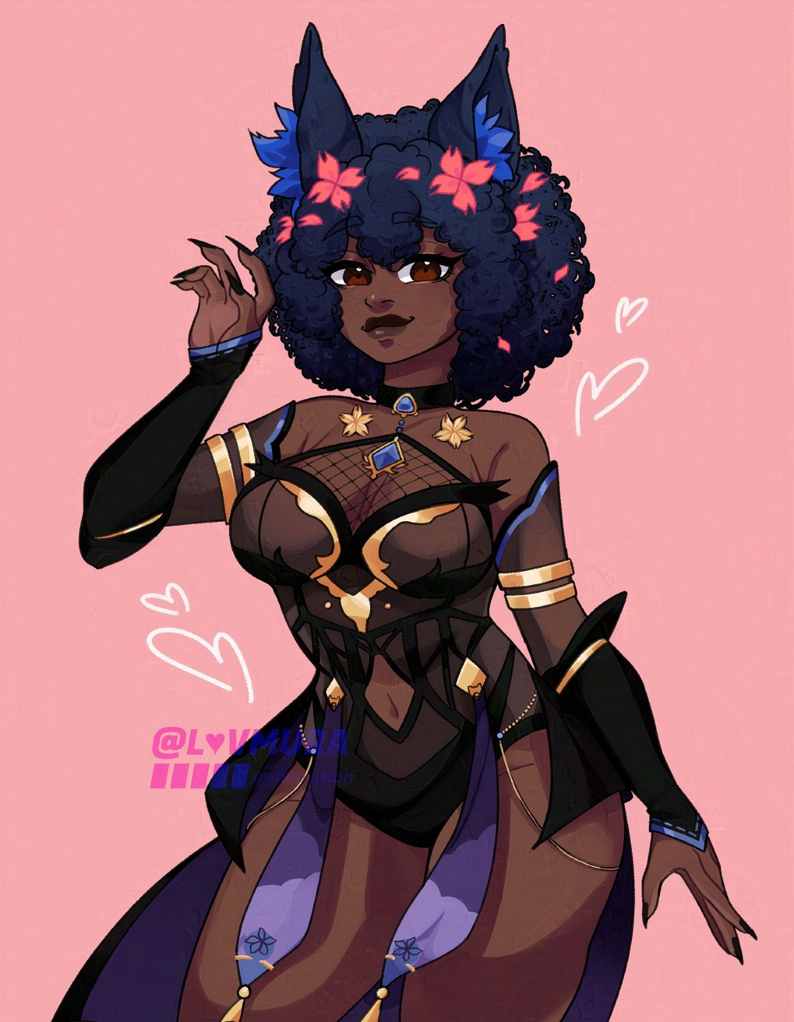 A character illustration of yayjaybae on a pink background. She is holding her right hand near her face, and smiling at the camera. She is dark skinned and has short fluffy dark blue hair with pink flowers in it. She has bat ears and is wearing a dark colored bodysuit with gold, blue, and purple accents.