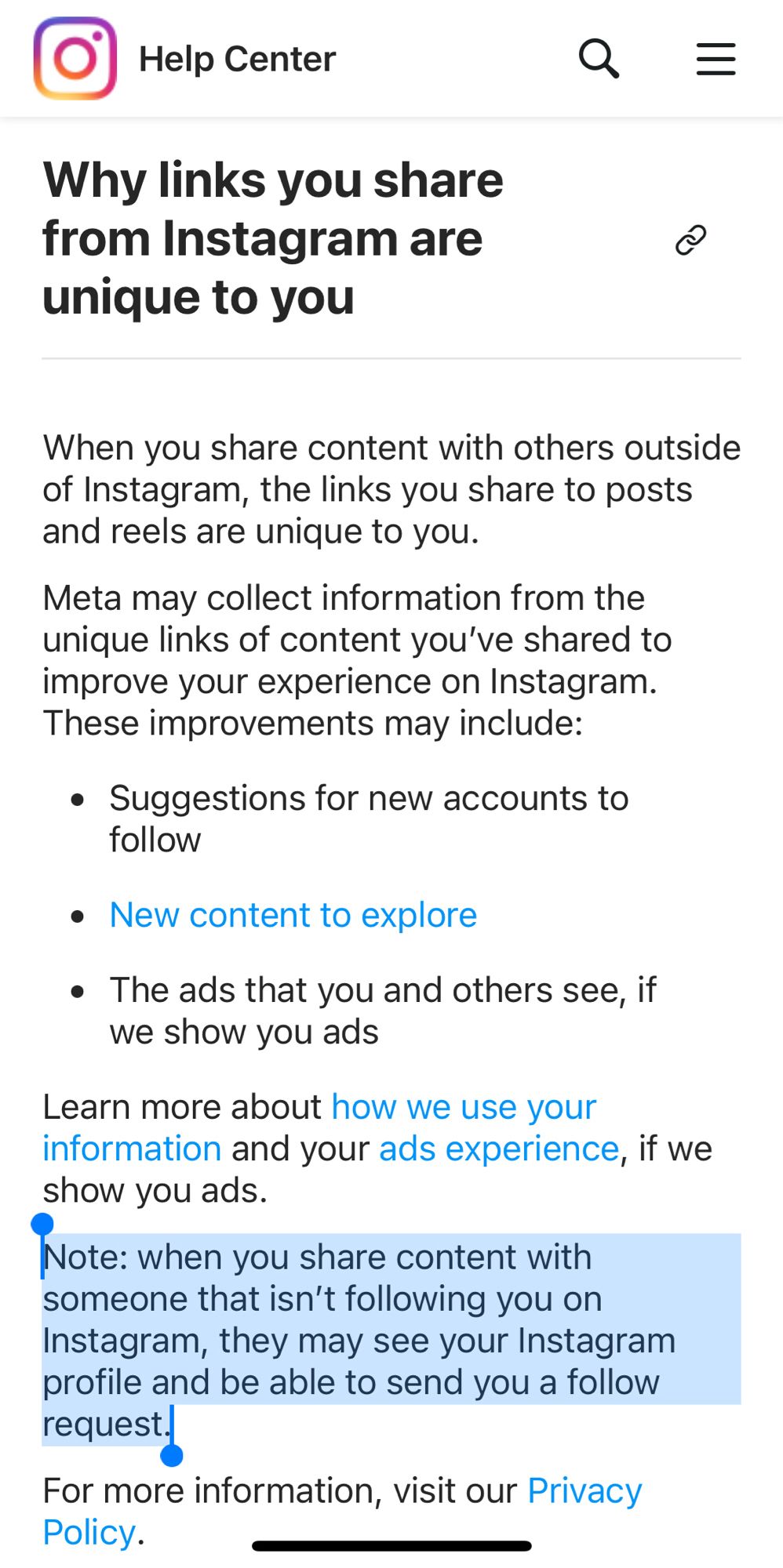 Highlight from linked instagram help page: 
Note: when you share content with someone that isn’t following you on instagram, they may see your instagram profile and be able to send you a follow request