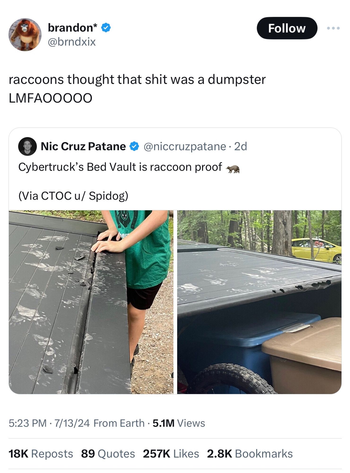 brandon* @/brndxix on Twitter 
raccoons thought that shit was a dumpster
LMFA00000

Quote tweet:
Nic Cruz Patane @/niccruzpatane on Twitter 
Cybertruck's Bed Vault is raccoon proof
(Via CTOC u/ Spidog)

(One picture is the closed top of the cybertruck bed. It is covered in raccoon footprints and there are several damaged areas where they have attempted to open the cover. Second picture is the cybertruck bed with the cover open: you can clearly see several holes the raccoons have gnawed into the cover, so…they may not have gotten inside, but it’s definitely not “raccoon proof.”)