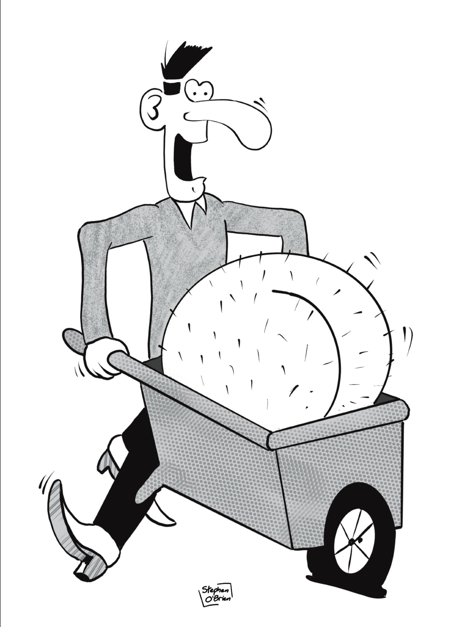 An image of Buster Gonad carrying his unfeasibly large testicles in a wheelbarrow. He is wearing high heels for reasons that are not immediately clear.
