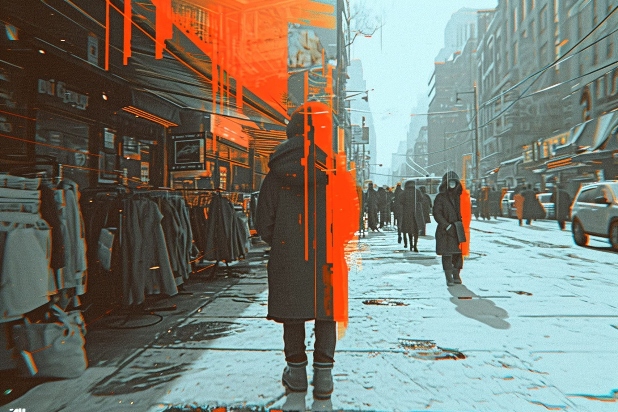 A solitary figure is silhouetted against the stark contrasts of a snow-covered city. The vibrant reds bleeding into the scene capture the chilling beauty of urban life in winter’s grip.