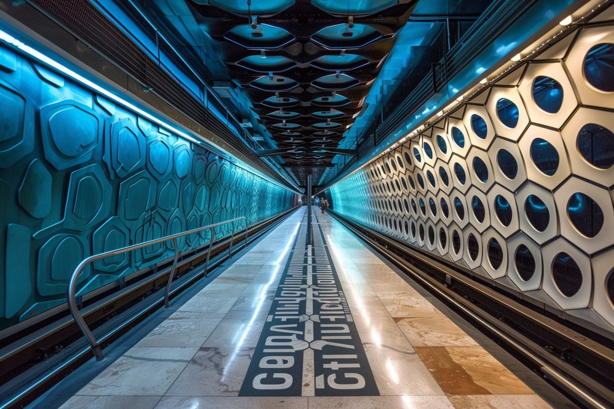 A futuristic corridor glowing with blue light, showcases a blend of geometric patterns and reflective surfaces, leading towards distant figures.