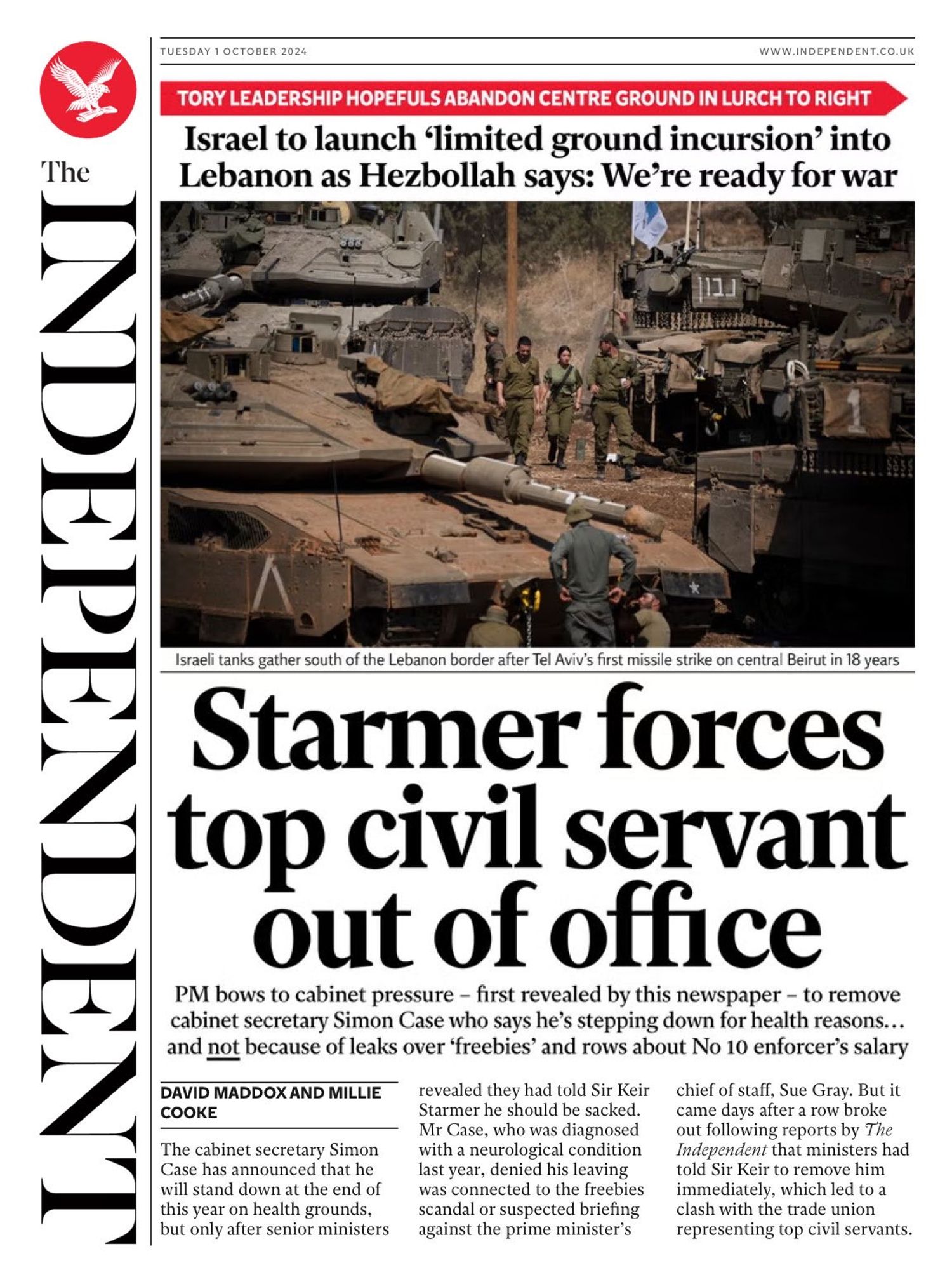 The 'front page' of the Independent, an online only 'news source'. Main headline: Starmer forces top civil servant out of office. Byeline: PM bows to cabinet pressure - first revealed by this 'newspaper' - to remove cabinet secretary simon case who says he's stepping down for health reasons... and not because of of leaks over 'freebies' and rows over No 10 enforcer's salary