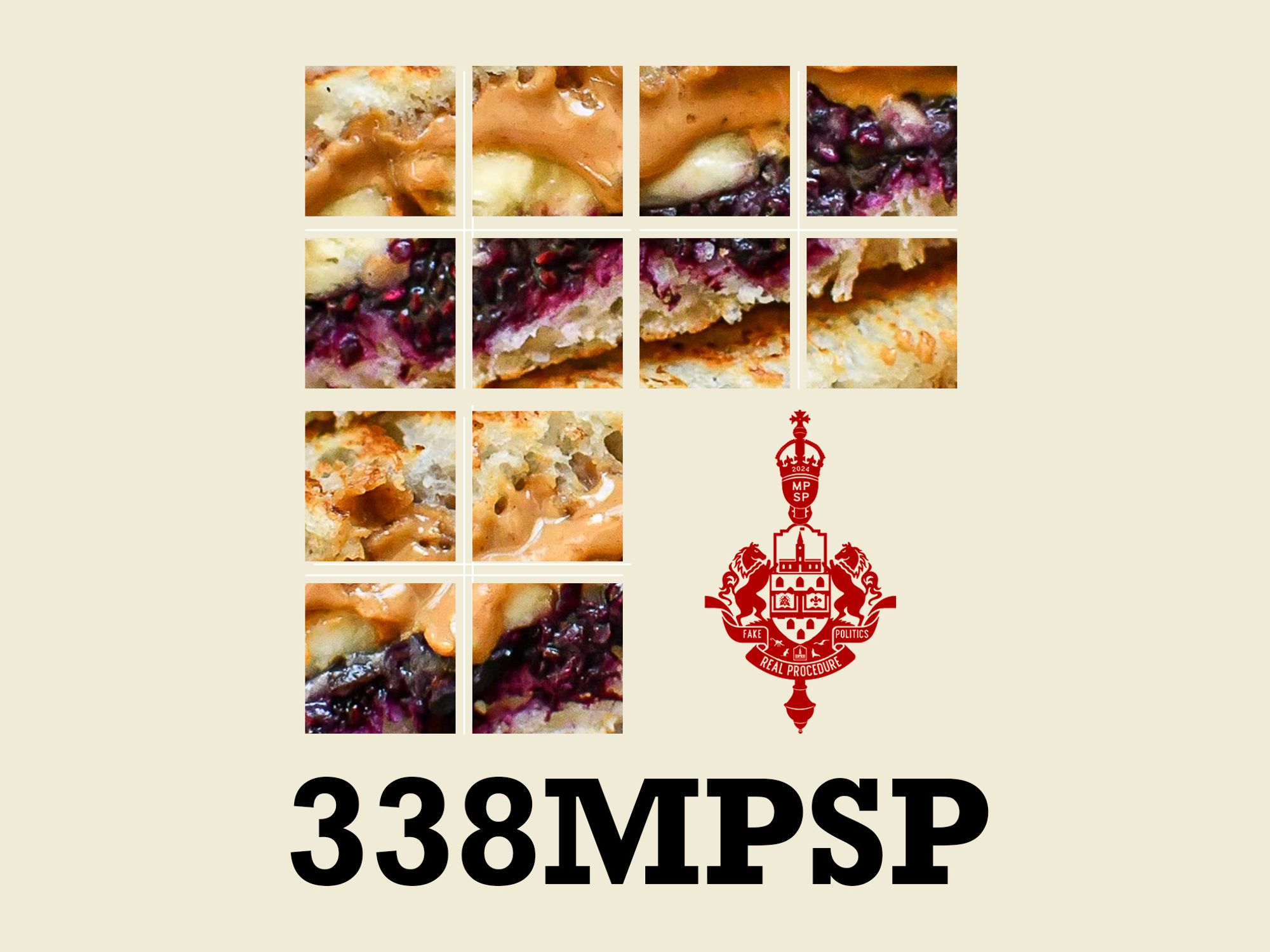 Le logo de 338MPSP, avec des carrés de sandwich au beurre d'arachide et à la gelée et les armoiries de MPSP, et un texte en bas qui dit "338MPSP".