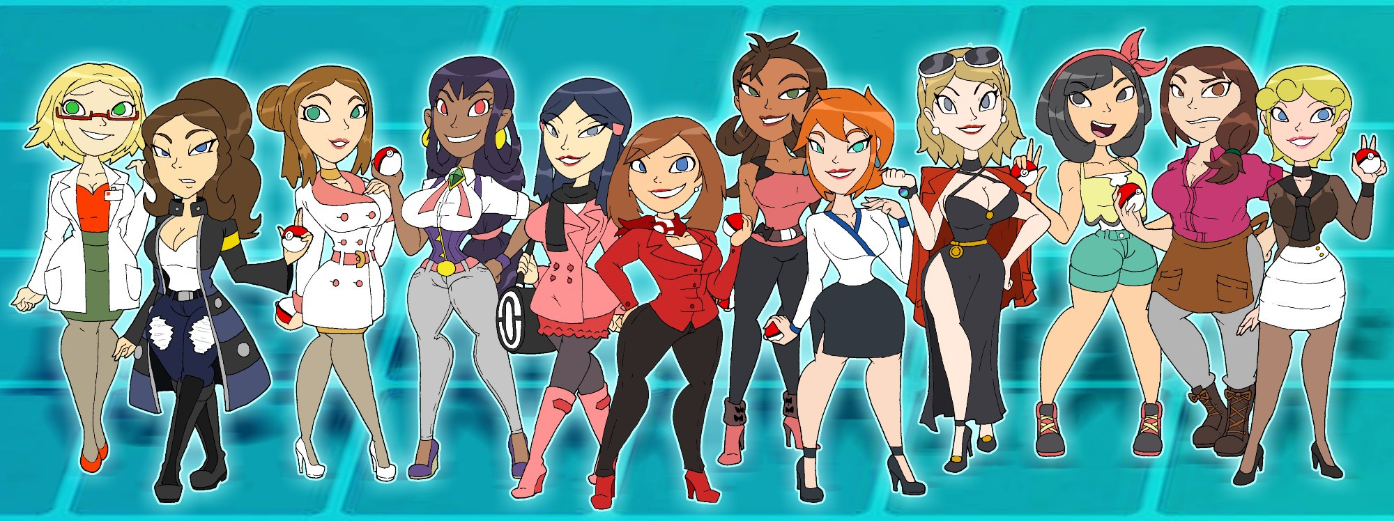 A wide shot of a bunch of Pokemon Girls, now all as adults. From Left to right:
Bianca, Hilda, Rosa, Iris, Dawn, May, Shauna, Misty, Serena, Serene, Gloria, and Bonnie