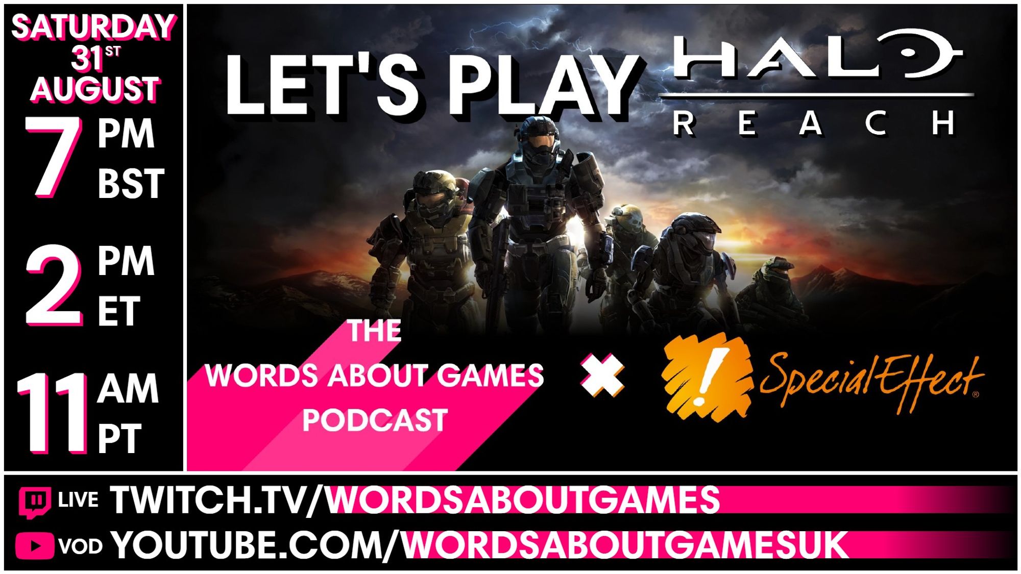 An image promoting our next charity stream, Let's Play Halo Reach! This is a charity stream for the wonderful team at SpecialEffect!

Join us on Saturday 31st August at 7PM BST as we play the campaign as a trio!