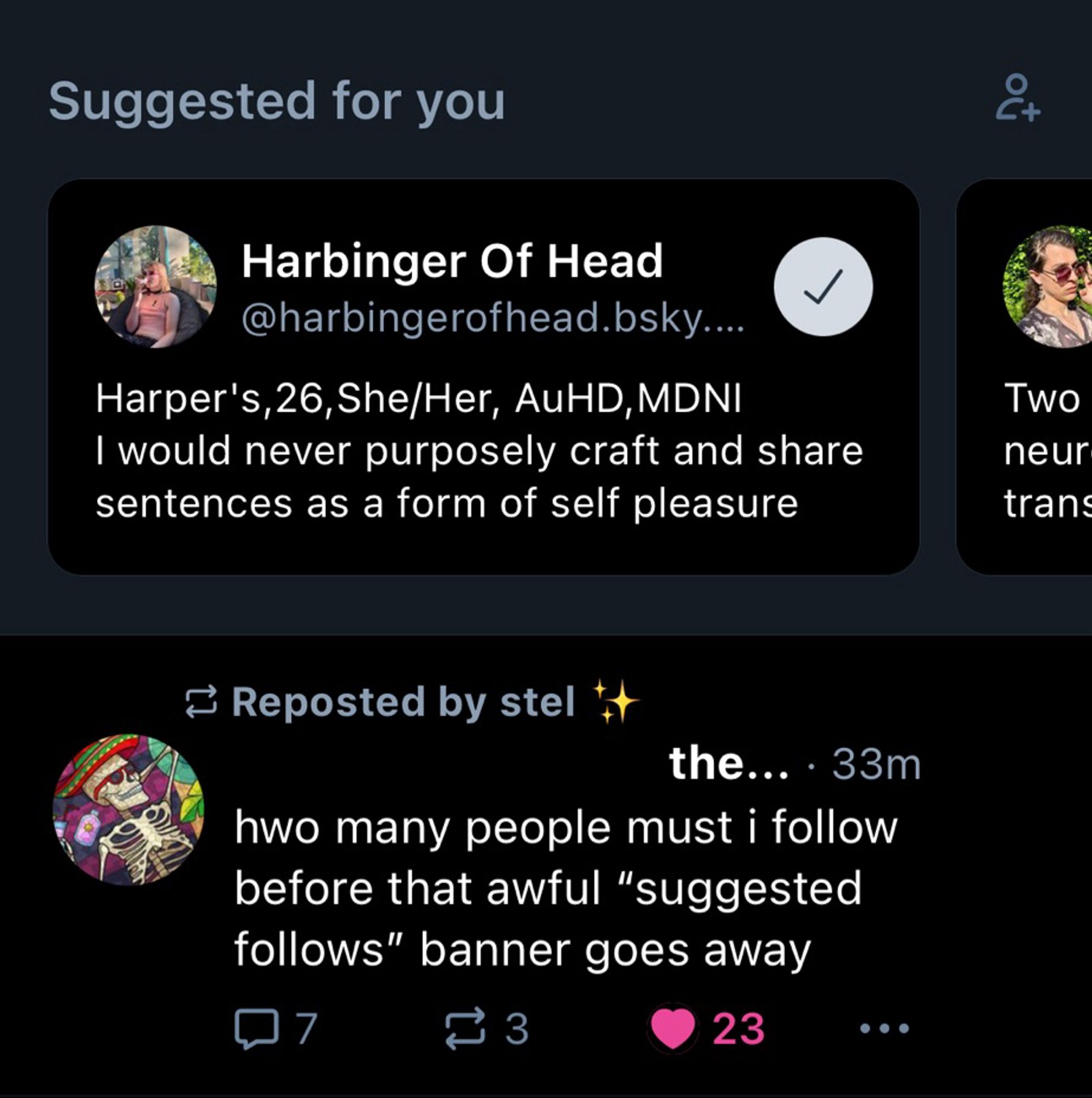 @harbingerofhead.bsky.app suggested to me by bsky, even though i already follow her?
directly below is stel reposting rem's OP about the suggested follows banner