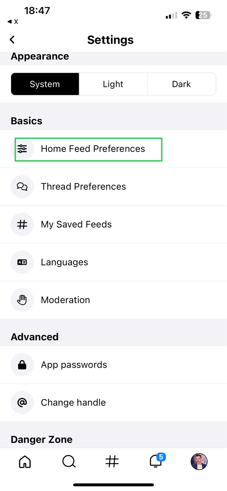 Screenshot du menu paramètre. Dans basics, le premier est Home Feed Preferences.