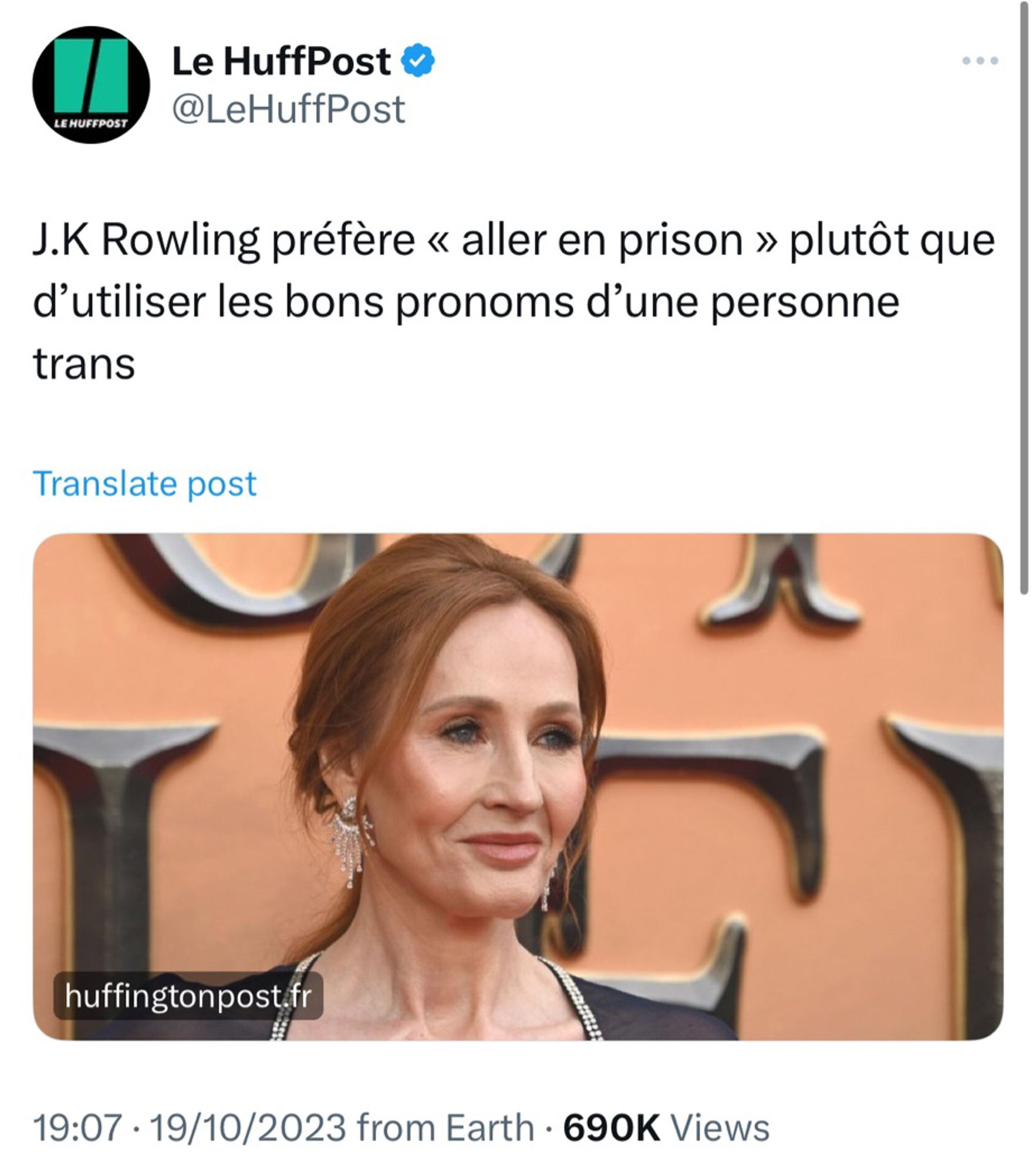 Tweet du HuffPost : « JK Rowling préfère ‘aller en prison’ plutôt que d’utiliser les bons pronoms d’une personne trans ».