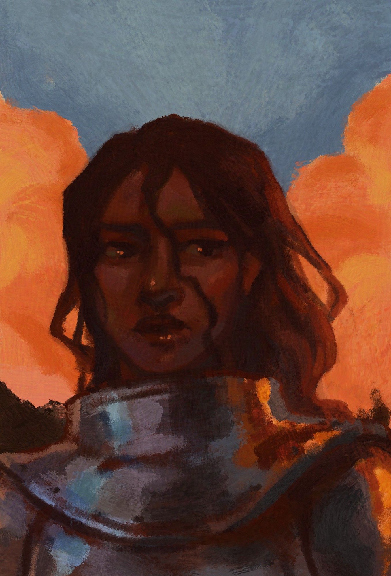 A portrait of a woman in the sunrise. The woman is wearing an armor collar, has dark skin and eyes and long loose hair that flows as if blown by a gentle breeze.