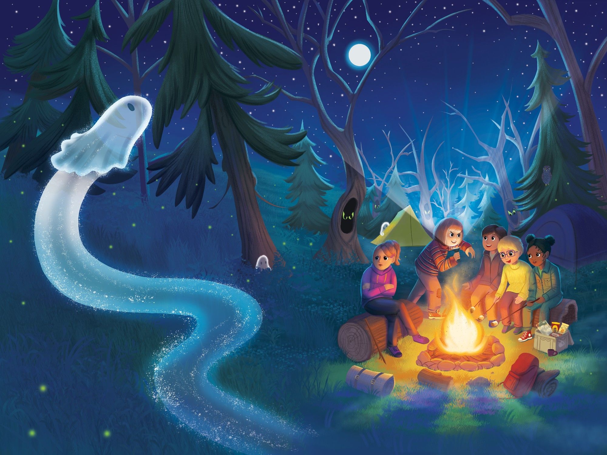 An illustration of 5 children in the woods around a campfire. One child is telling a spooky story with a torchlight to their face.