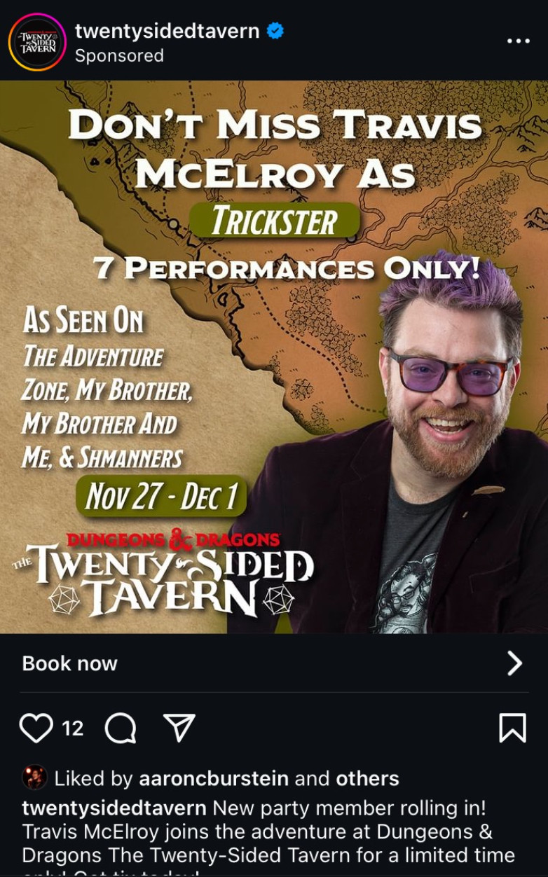 an instagram ad for travis mcelroy performing as "trickster" at the twenty-sided tavern