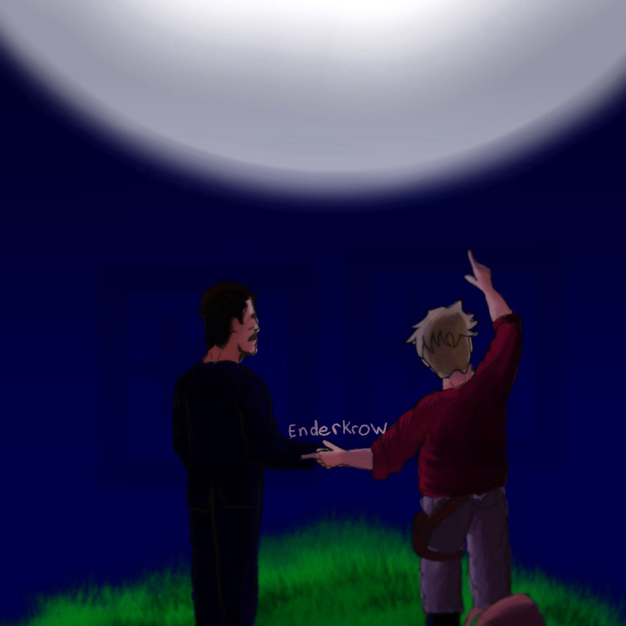 a night sky without stars, the moon is extremely huge and appears to be coming closer, grian, on the right in a red sweater, pointing at the moon,
mumbo on the left in a black suit looking at him