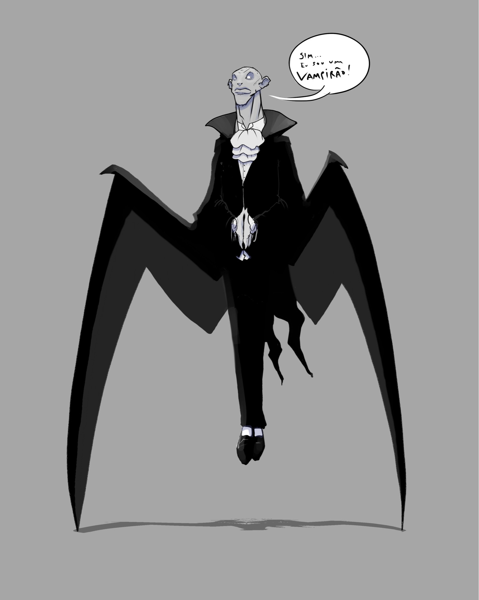 **English:**  
The image depicts a vampire-like creature with a pale blueish complexion and an elongated head. The figure is dressed in a classic vampire attire, featuring a black suit, a white ruffled shirt, and a long, flowing black cape that resembles bat wings. The creature's hands are clasped together, and it appears to be floating mid-air with a sinister yet composed expression. A speech bubble near its head contains the words, "Sim... Eu sou um vampiro!" which translates to "Yes... I am a vampire!" in English.