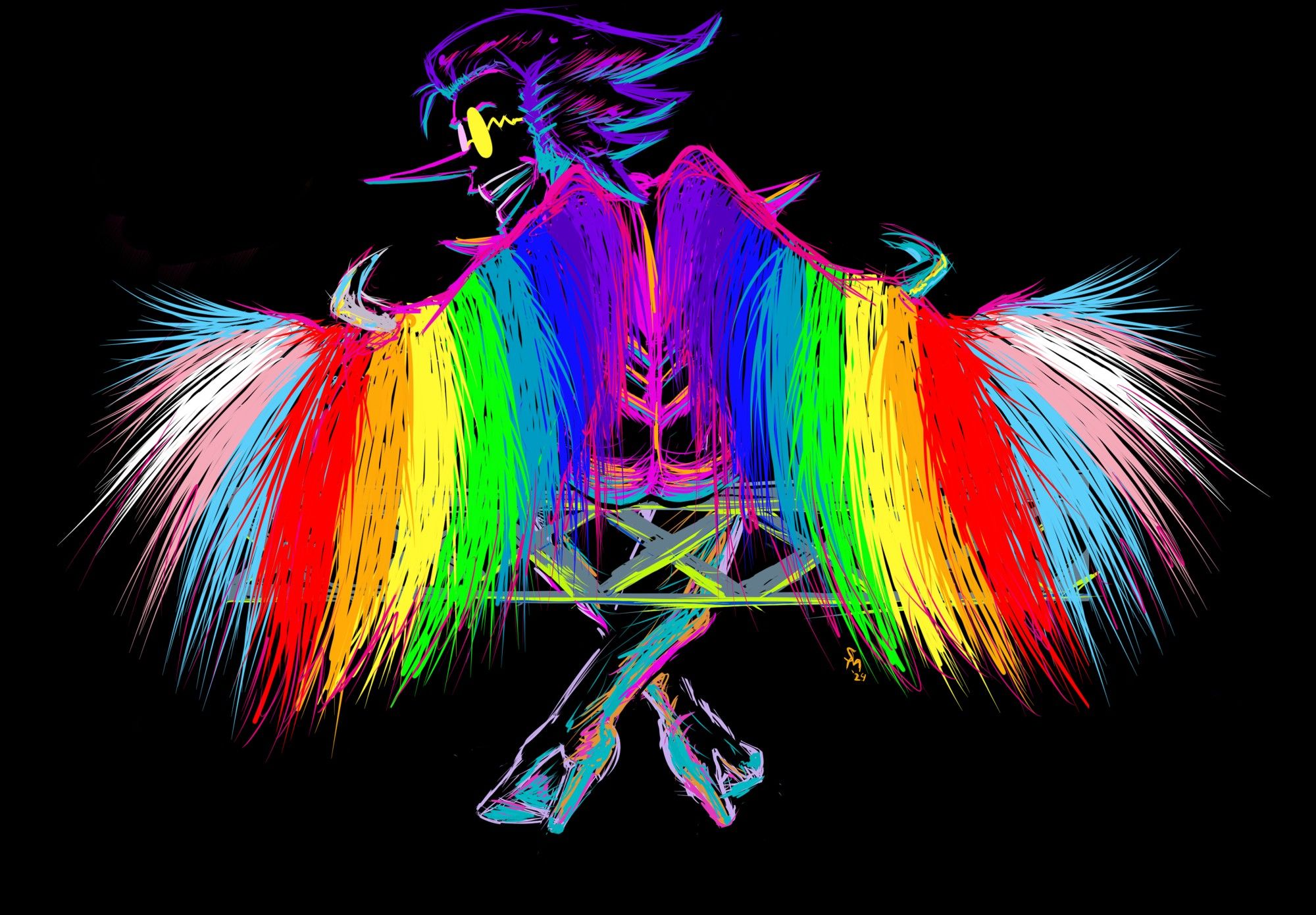 spamton neo is sketched in neon colors upon a black background, the focalpoint are his wings colored in the rainbow flag, symbolic of his status of a canonical queer character. the point where Spamton Neo's wings are usually pinioned on the original model has the trans flag, indicating this Spamton can fly on his own, whereas the one couldn't. As it should be said from this statement, LGB cannot fly without the T (lesbian, gay bisexual cannot fly without their transgender family.)

It's a statement in defiance on how some people are trying to seperate and sheer off trans people from the rest of the community.