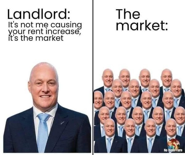 meme that says "Landlord: its not me cause your rent increase, it's the market" and then "The market:" with a couple dozen of that landlord 