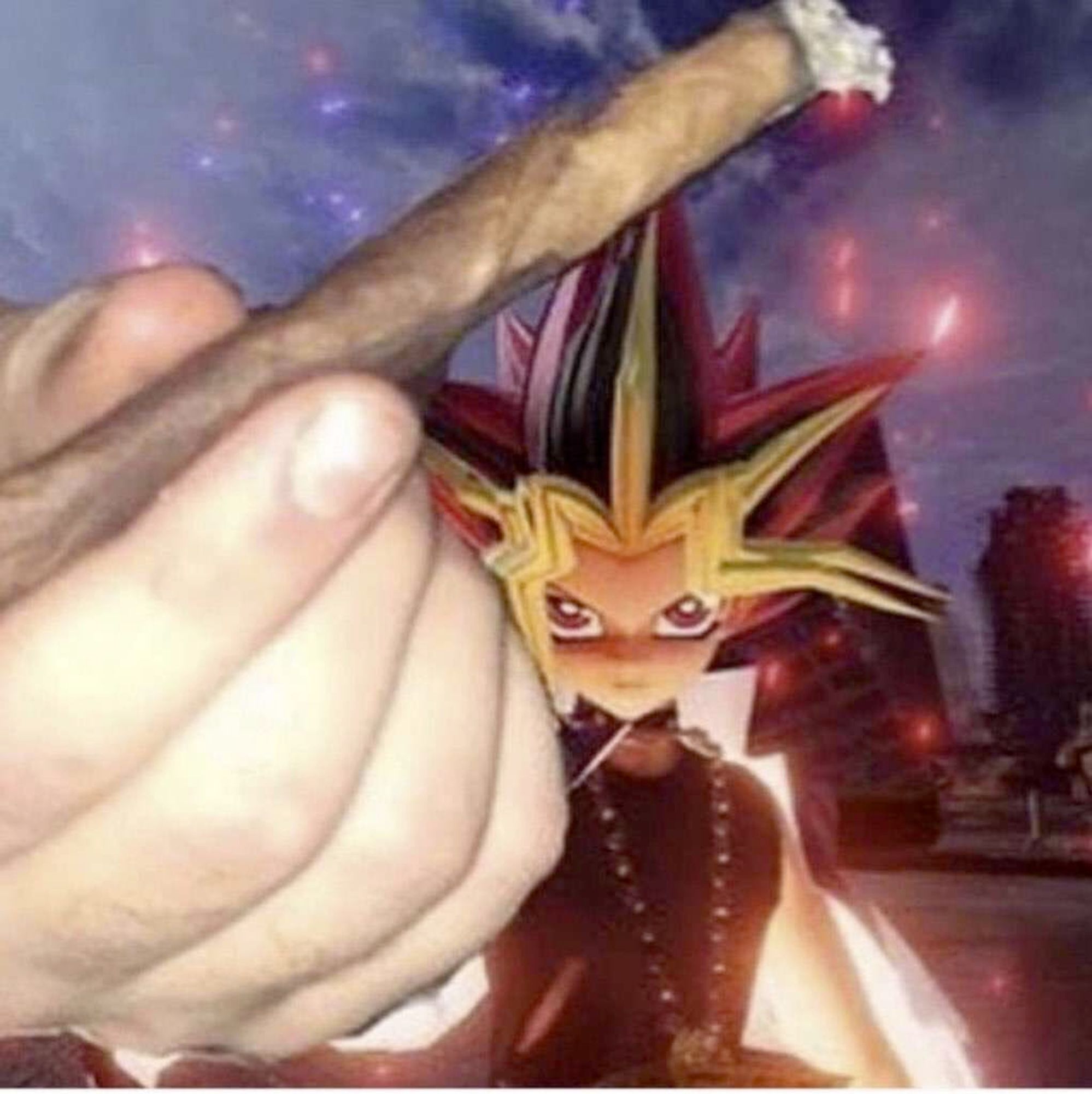 Yugi from Yu-Gi-Oh passing the viewer a blunt