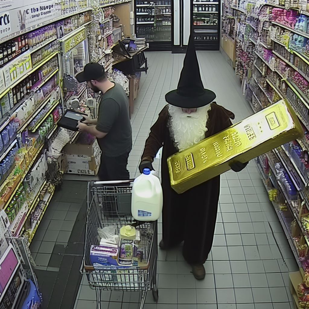 A wizard grabbing milk while holding a comedically large gold bar