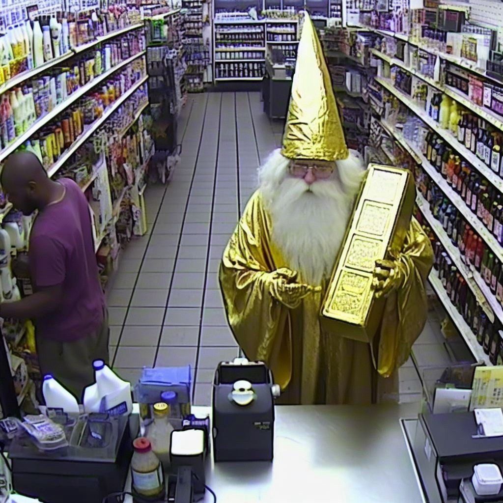 A wizard at the checkout counter holding a comedically large gold bar