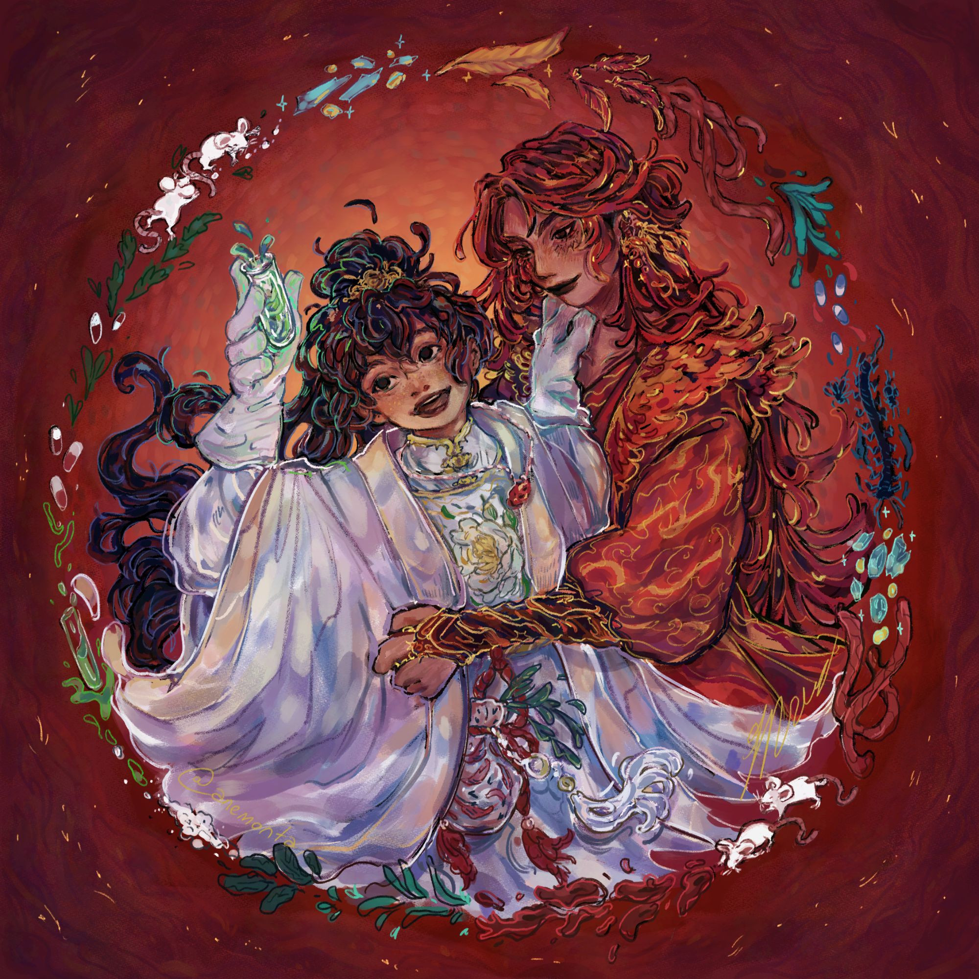 Fanart of the novel Mistakenly saving the Villain, with the two Protagonists Song Qingshi and Yue Wuhuan. The composition is in a circle with Them in each others arms, Song Qingshi looking at and holding one of his medical experiments and Yue Wuhuan lovingly looking at him.
Theres a ring of misvil related items around them as decorations.