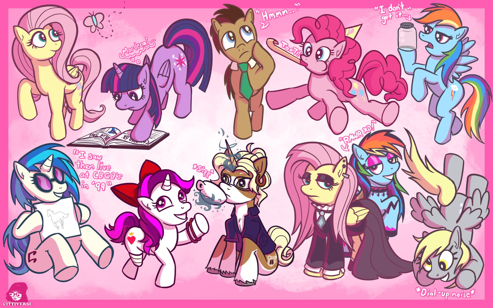 My Little Pony character sketches. From top to bottom, left to right: Fluttershy looking at a butterfly, Twilight Sparkle reading a book, Doctor Hooves pondering, Pinkie Pie excitedly blowing into a party favor. Rainbow Dash holding an empty jar and saying "I don't get it," Vinyl Scratch holding a Deftones album, Princess Sweetheart waving, an unnamed coffee-themed OC unicorn drinking coffee, Goth Fluttershy and Scenecore Rainbow Dash, and an upside-down Derpy Hooves.