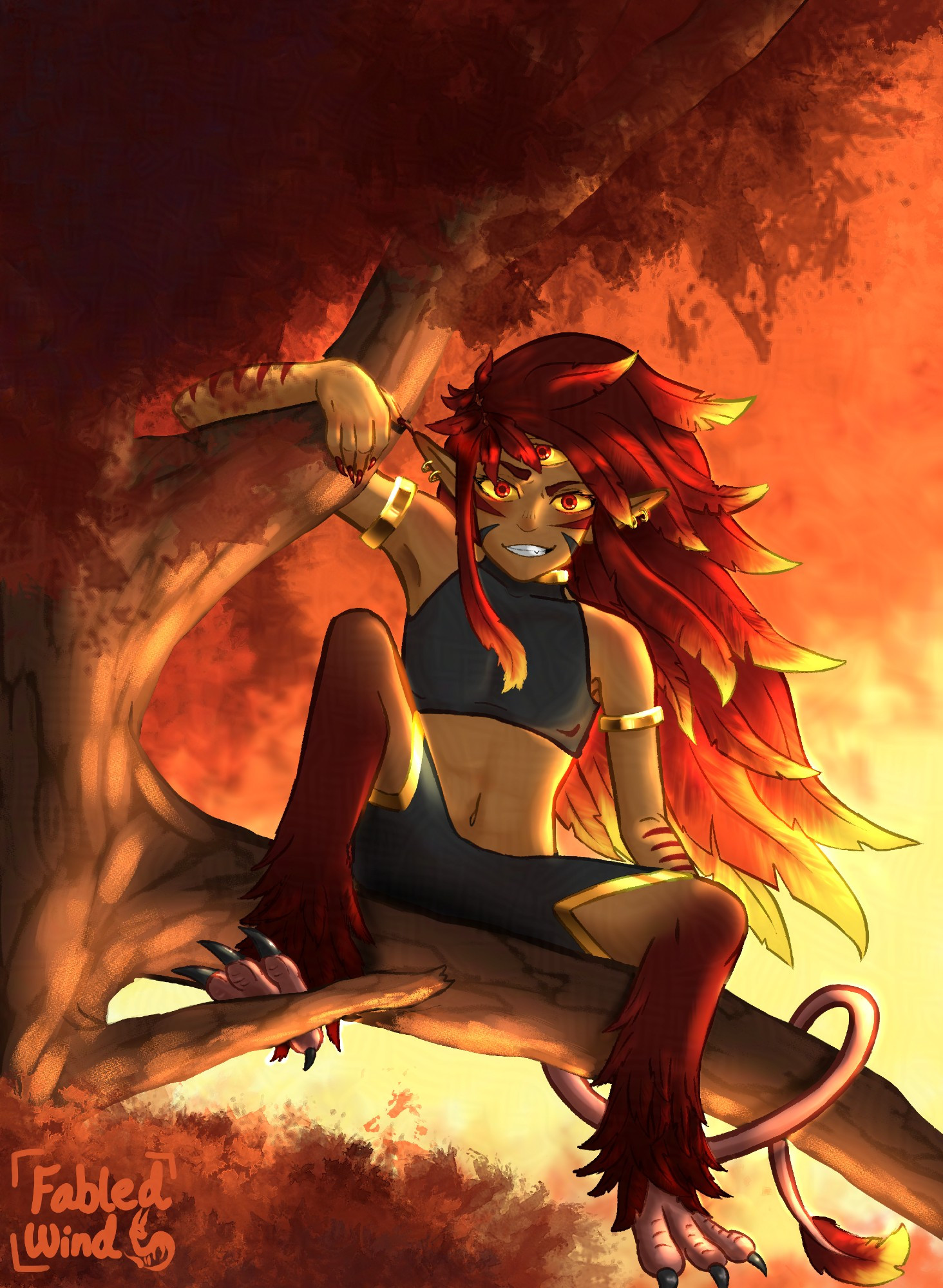 My OC, Keahi, a fire harpy, sitting in a tree. 