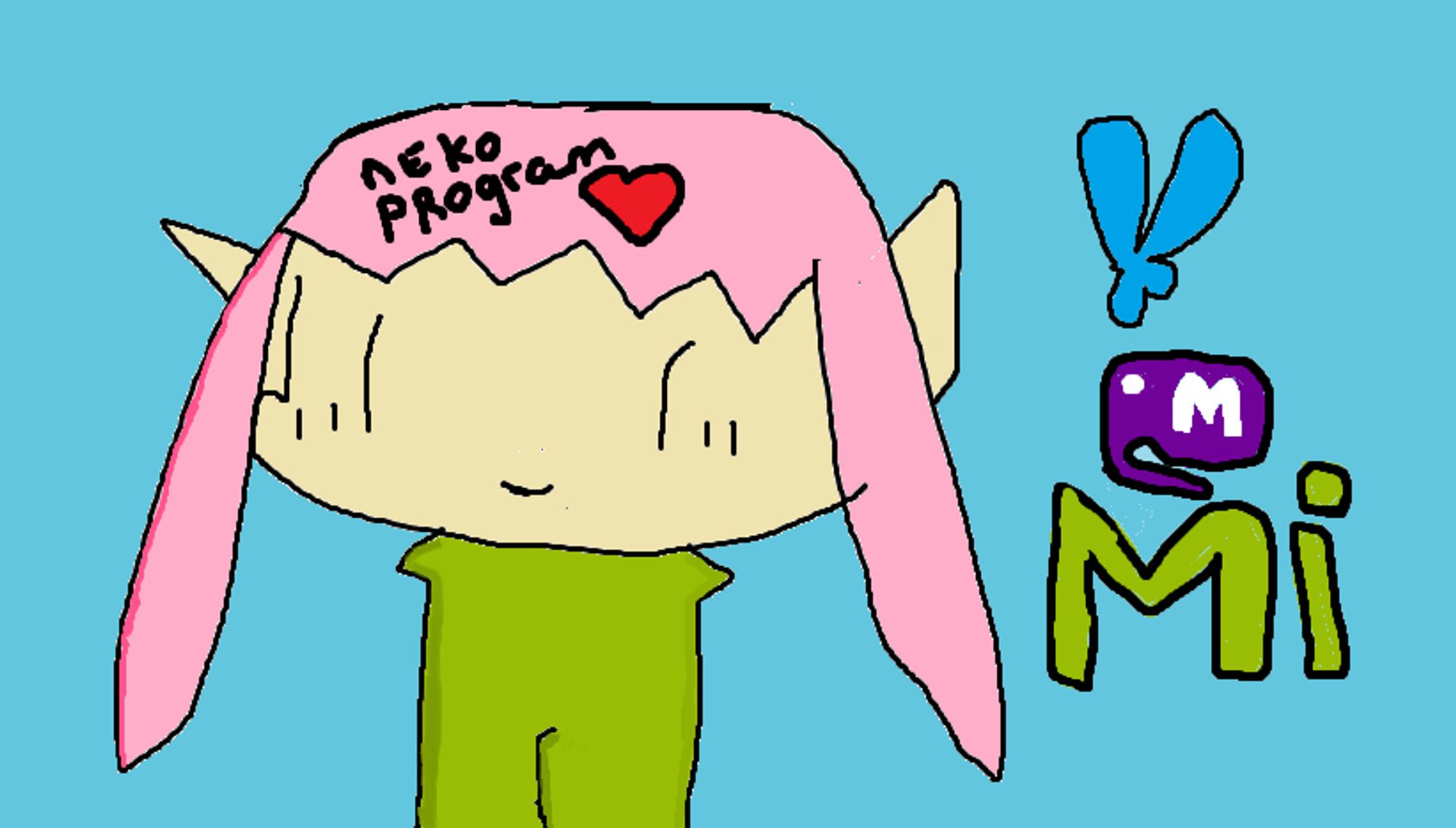 A character with bluesky logo, mastodon and misskey logo in her head has 'nekoprogram' word with a heart