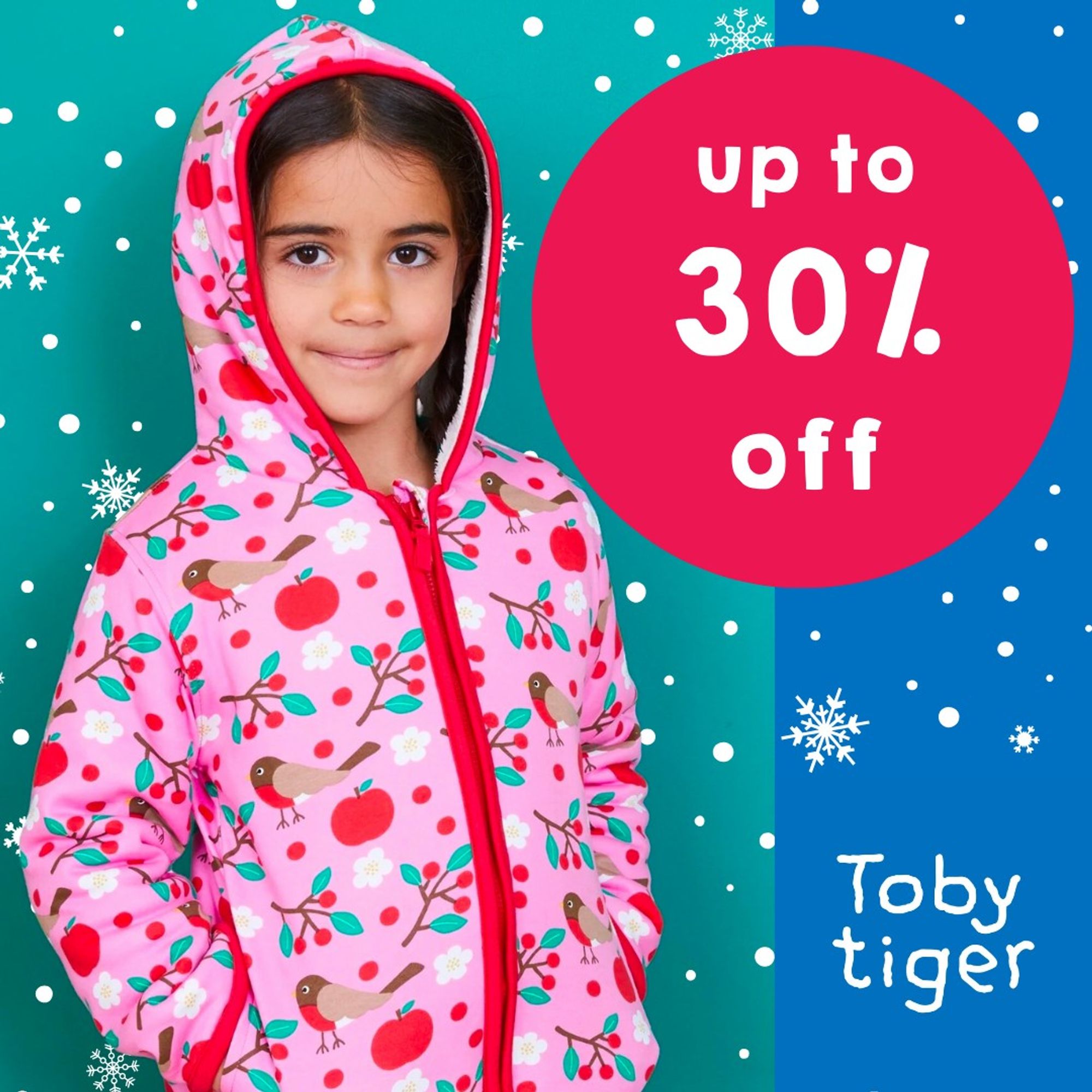 A kid wearing a pink fleece-lined hoodie with a robin, cherry blossom, apple and leaf print. Graphic says "up to 30% off" - Toby Tiger