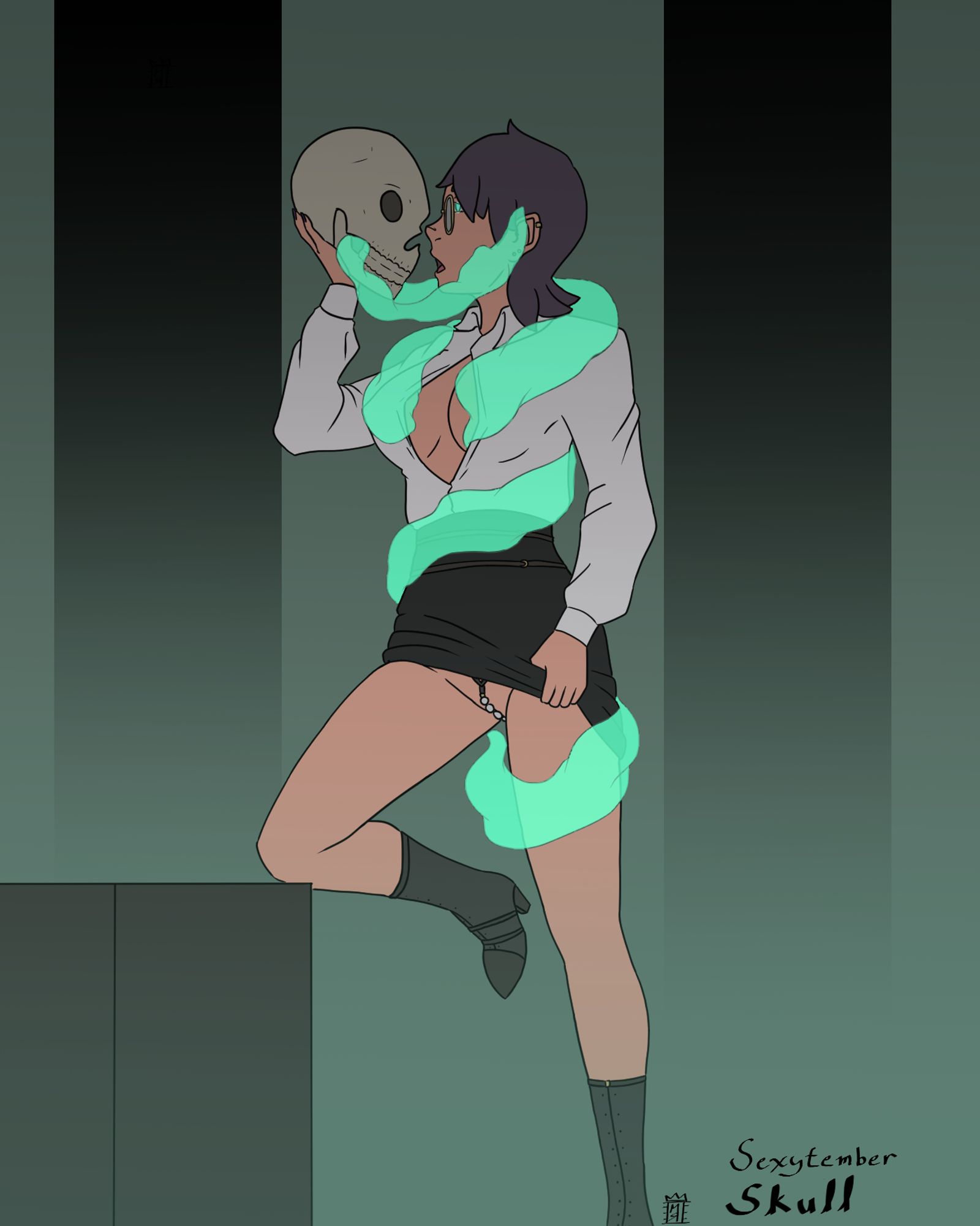 An office worker holds a skull in her hand. A green mist pours out of the skull ripping her shirt open as she pulls up her skirt reveling her lingerie