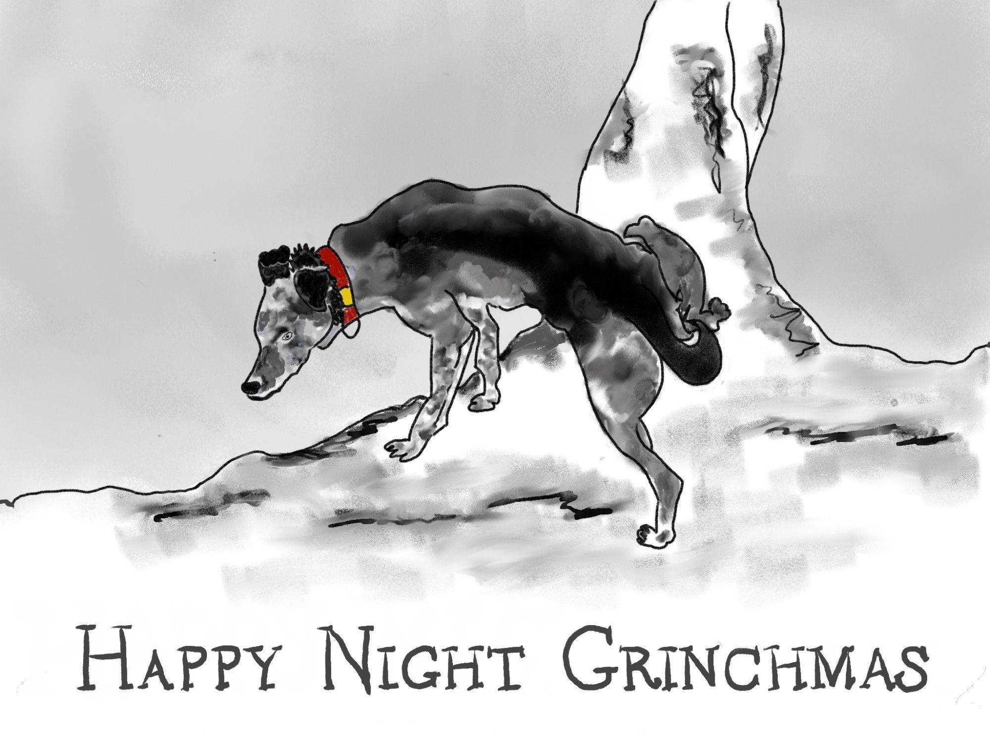 A black and white drawing of a black sled dog with cookies and cream feet peeing on a tree. Text reads "Happy Night Grinchmas."