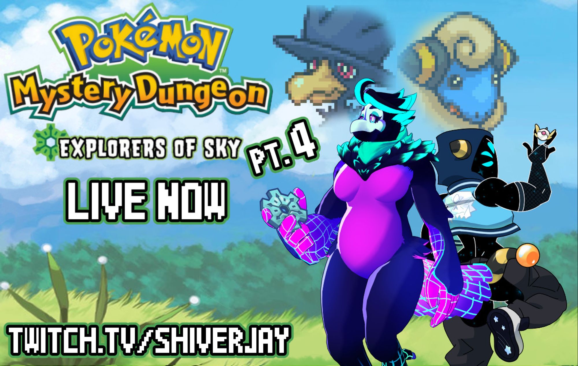 Promo image: Pokemon Mystery Dungeon Explorers of the Sky Logo with the date/time August 16th, 4PM CT. Below is a link to my twitch channel (twitch.tv/shiverjay). To the right is a back to back pose of me and parallaxabomination's sona. I'm holding a time gear and they are holding an explorer badge. Pax has mareep horns and tail and I have a teal scarf. In the BG is a grassy field with a faded portrait of Murkrow and Mareep. There is a Part 4 title below the main title.