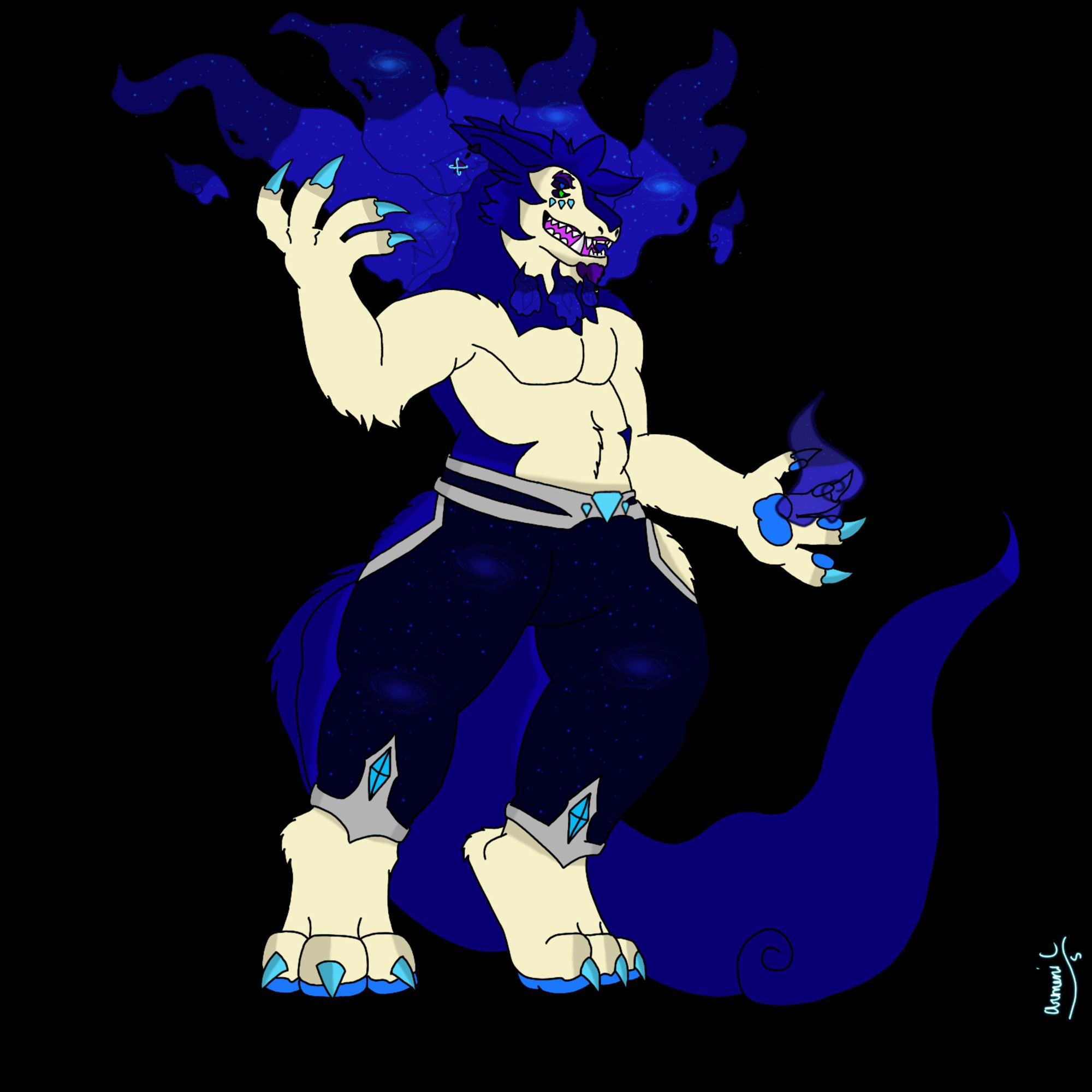 Anthropomorphic male Celestial God Hisuian Typhlosion holding a galaxy like blue flame.