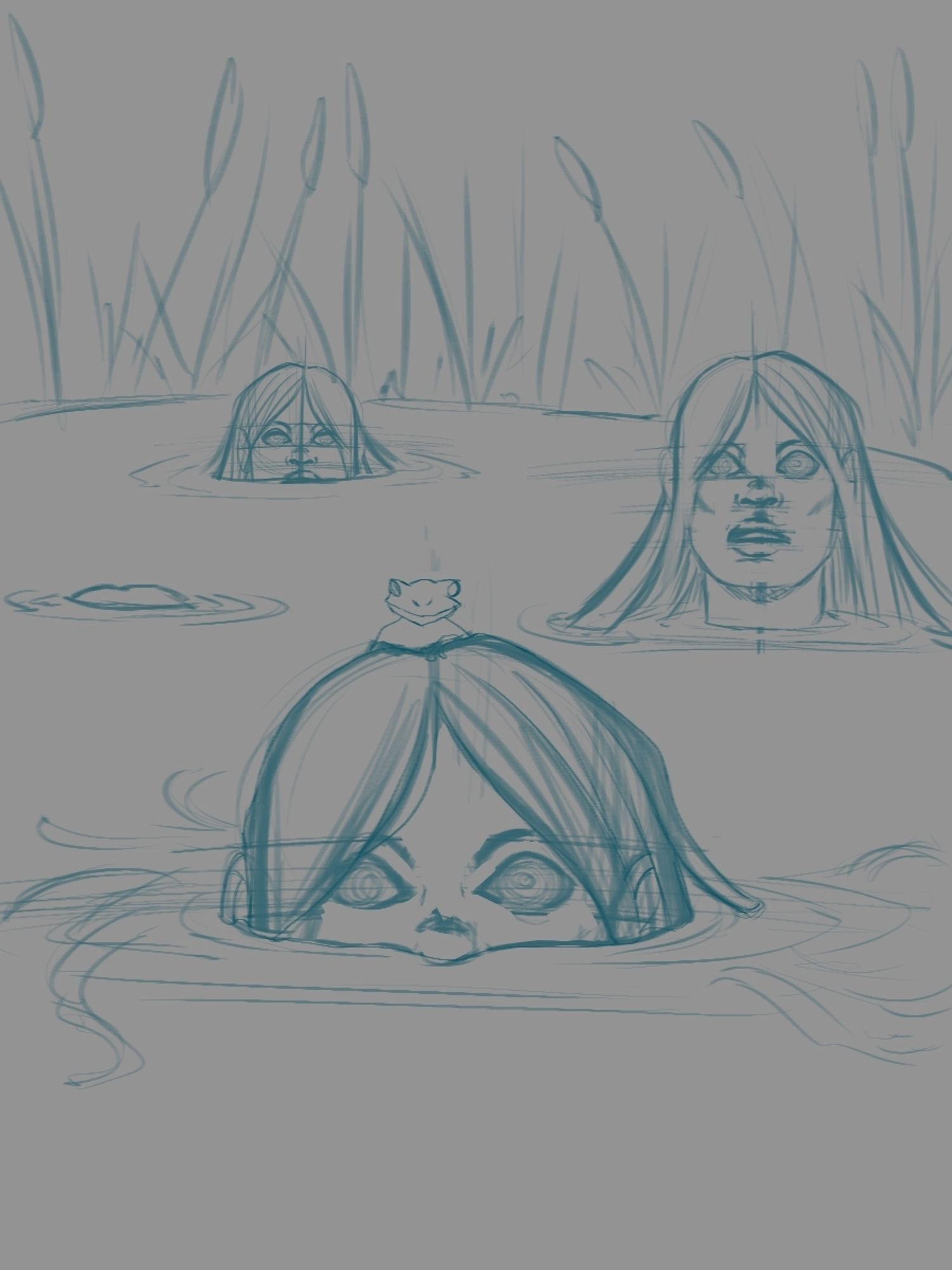 A sketch of a pond with several girls sitting in various stages of under the water, staring at the viewer. A frog sits on the head of the closest girl, who is in the water up to her nose.